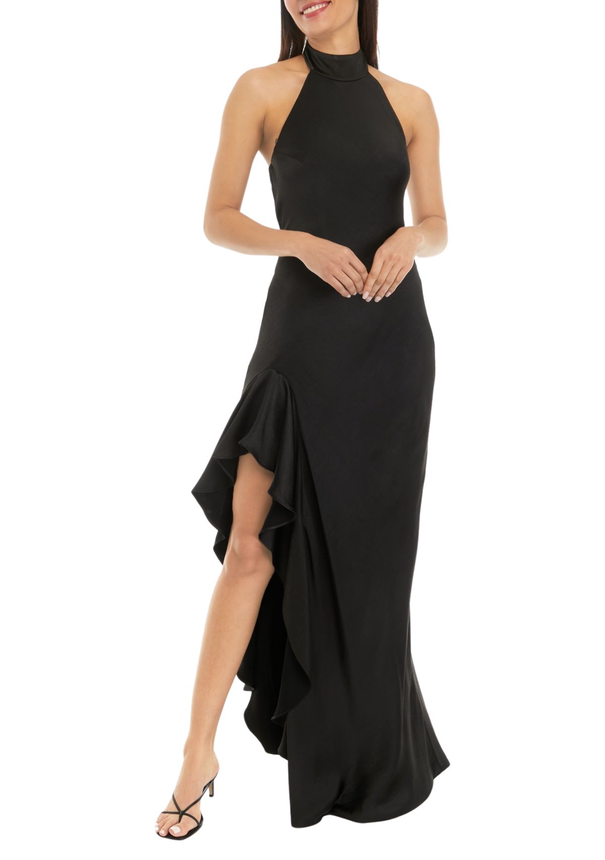 Womens Sleeveless Halter Ruffle Hem Gown