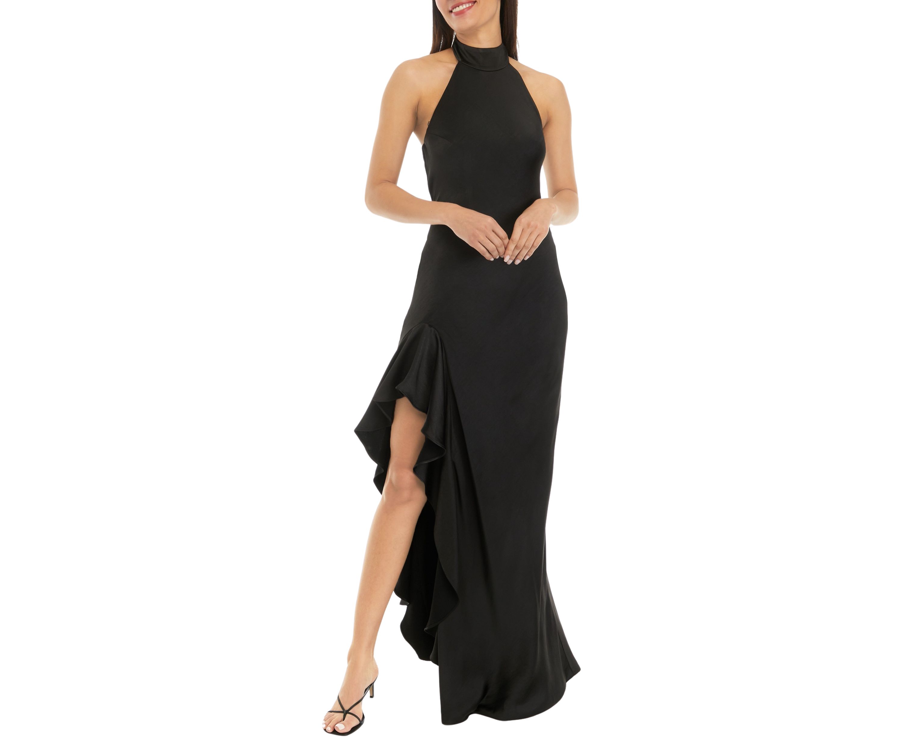 Womens Sleeveless Halter Ruffle Hem Gown