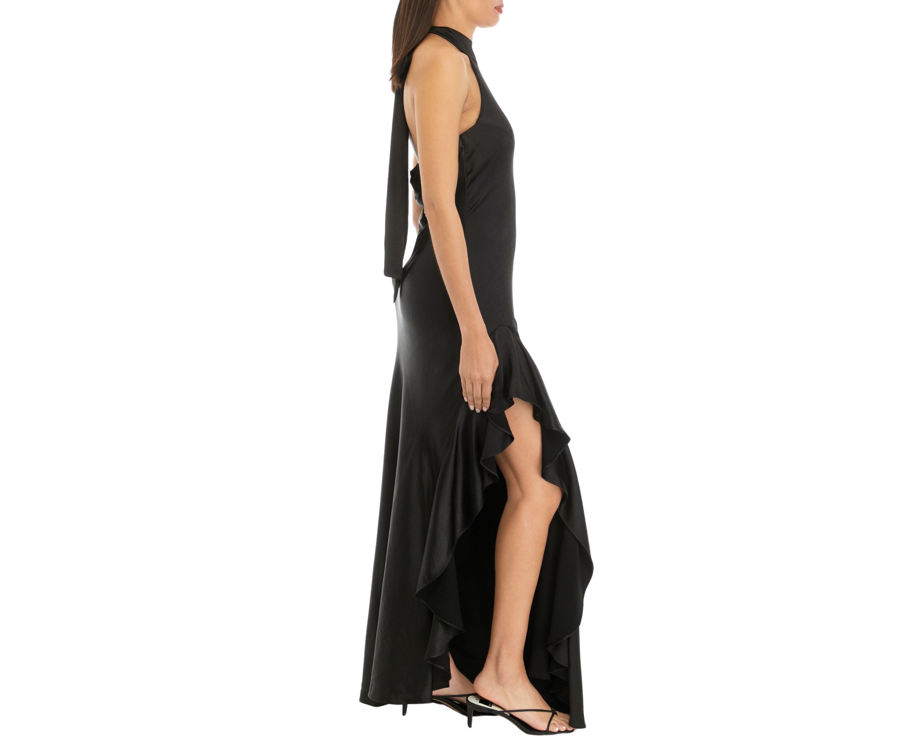 Womens Sleeveless Halter Ruffle Hem Gown
