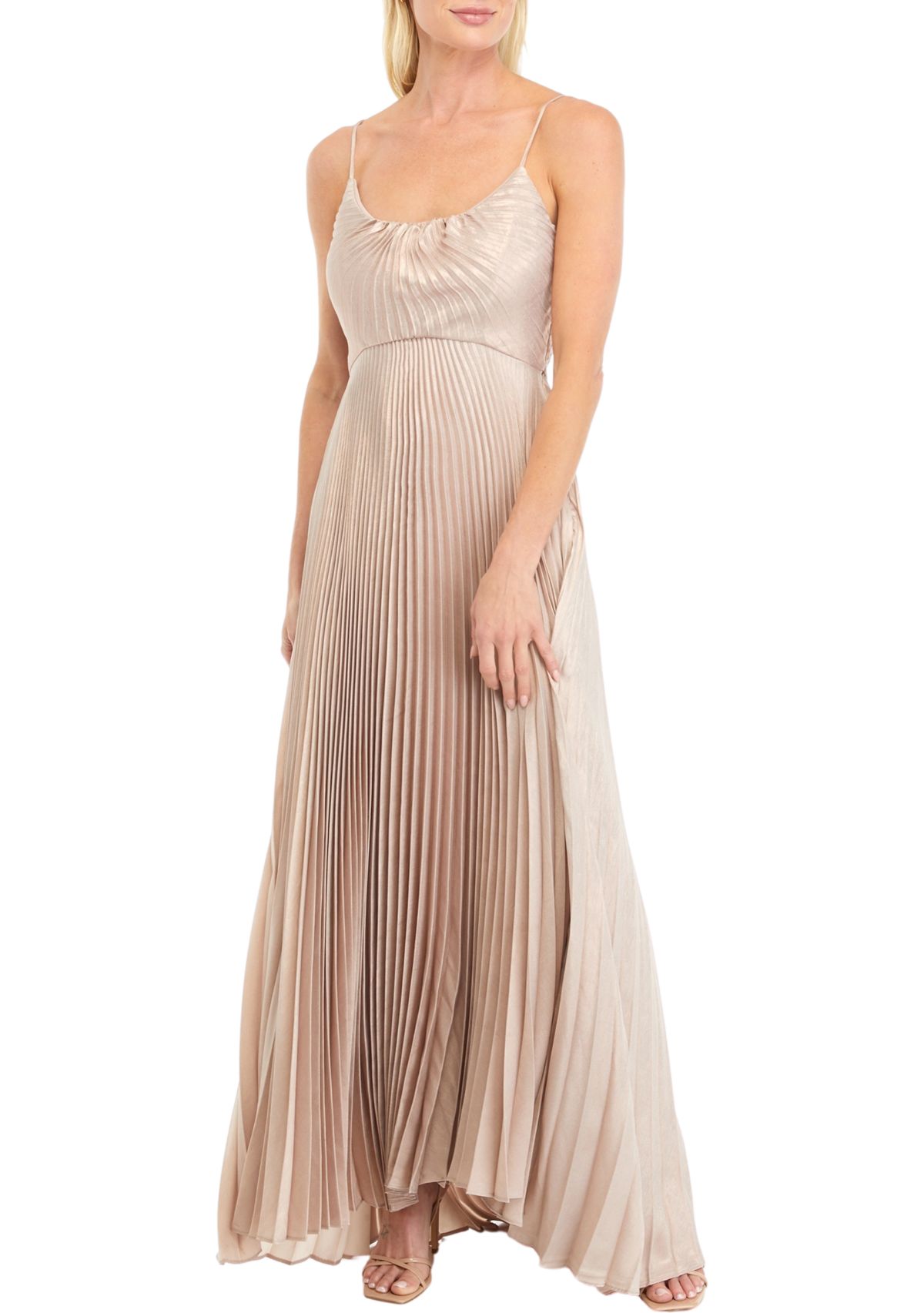Womens Sleeveless Ribbed Solid Satin Gown