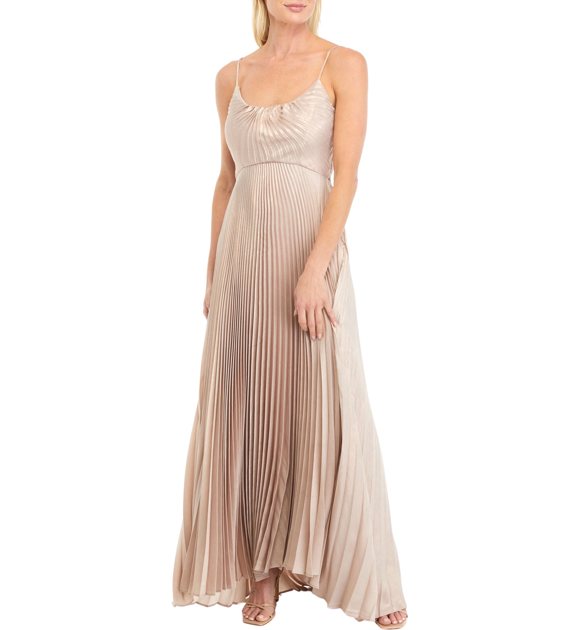 Womens Sleeveless Ribbed Solid Satin Gown