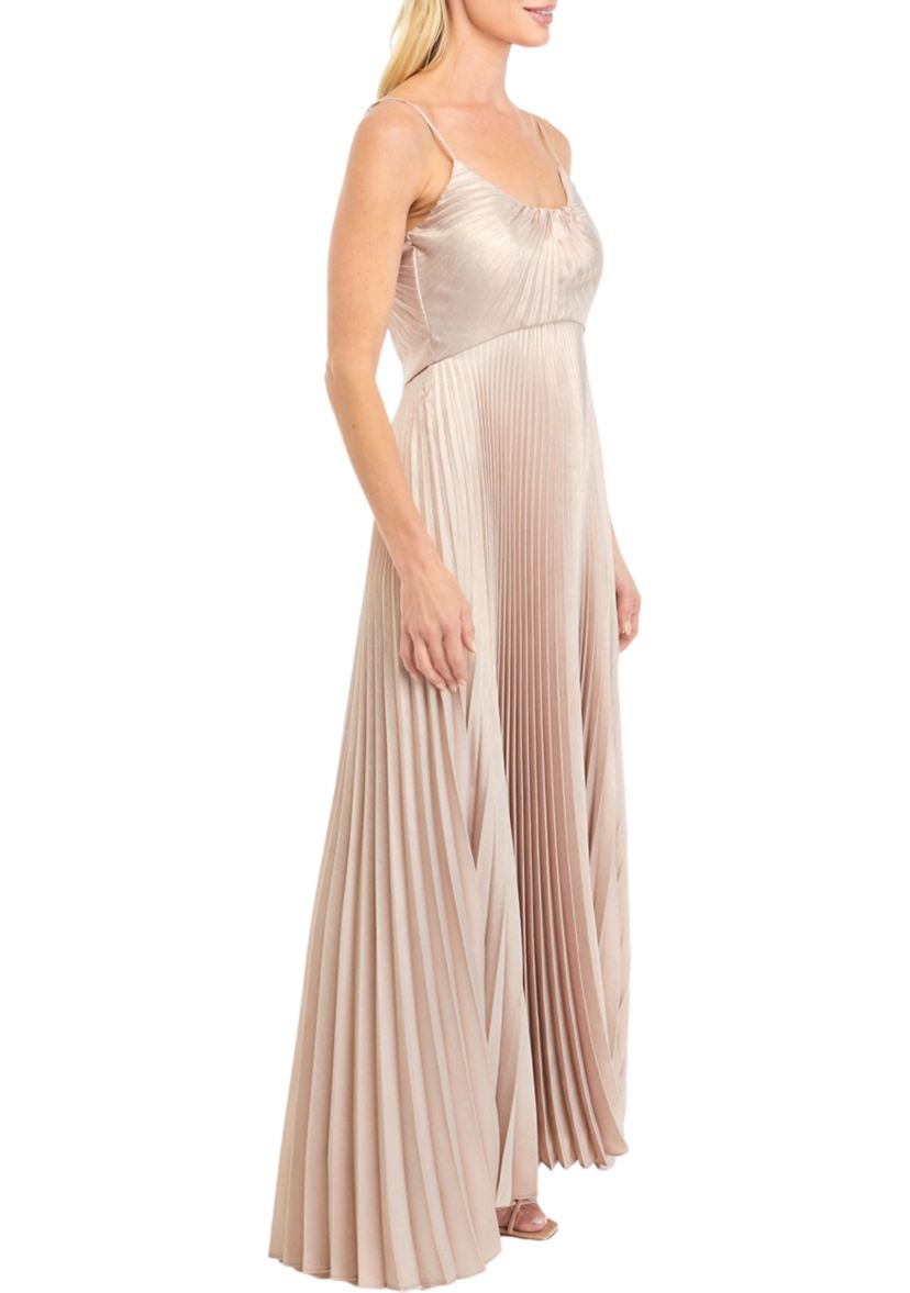Womens Sleeveless Ribbed Solid Satin Gown