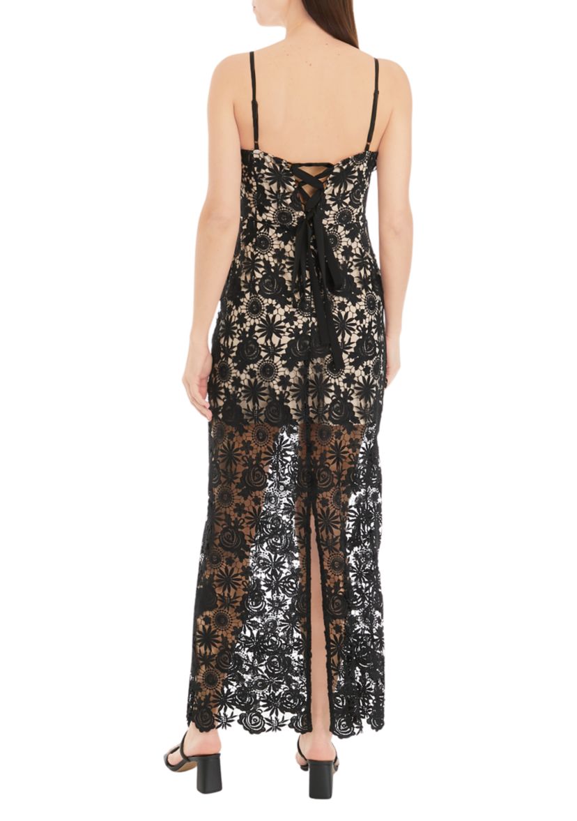 Womens Strappy Lace Sheath Midi Dress