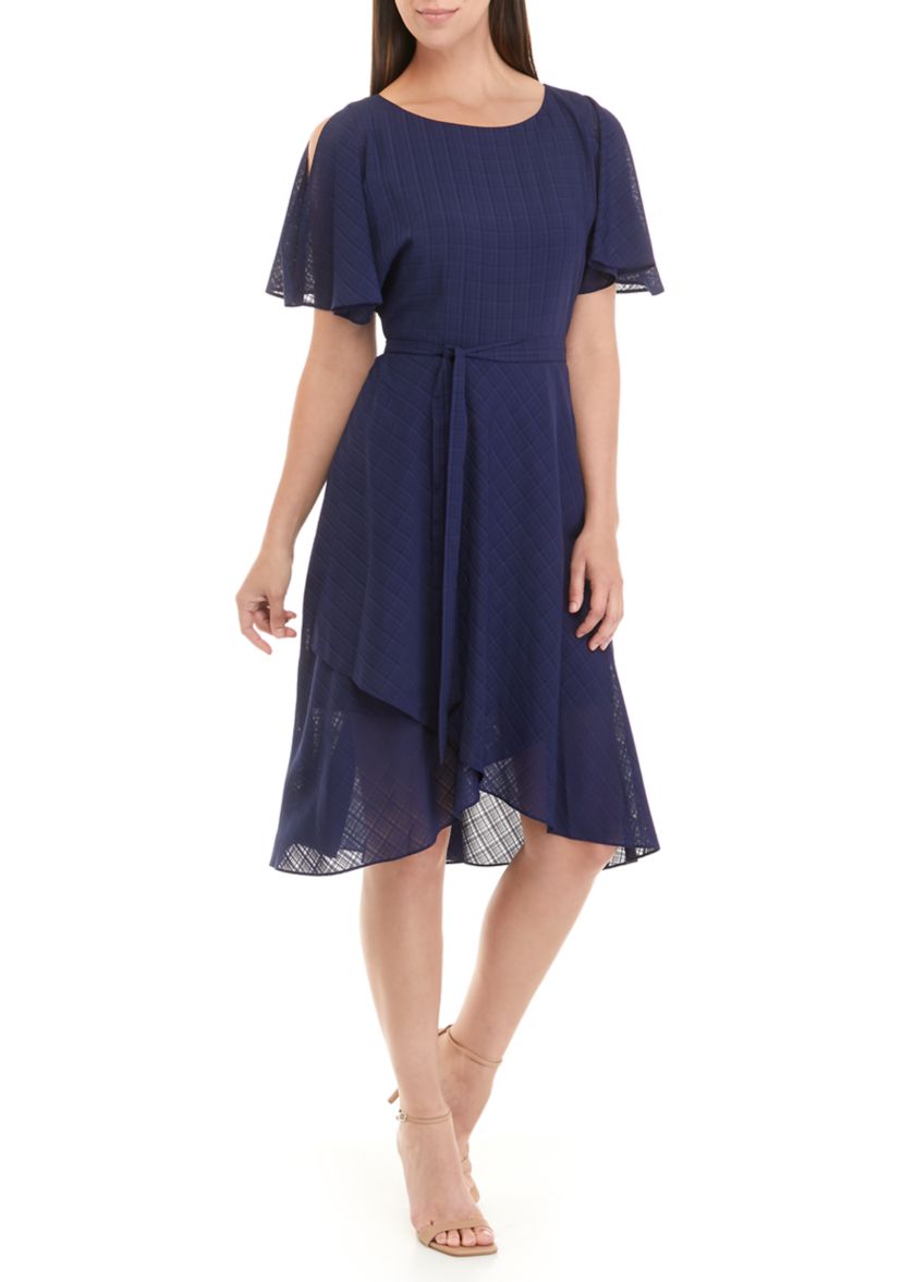 Womens Flutter Sleeve Plaid Chiffon Fit and Flare Dress 