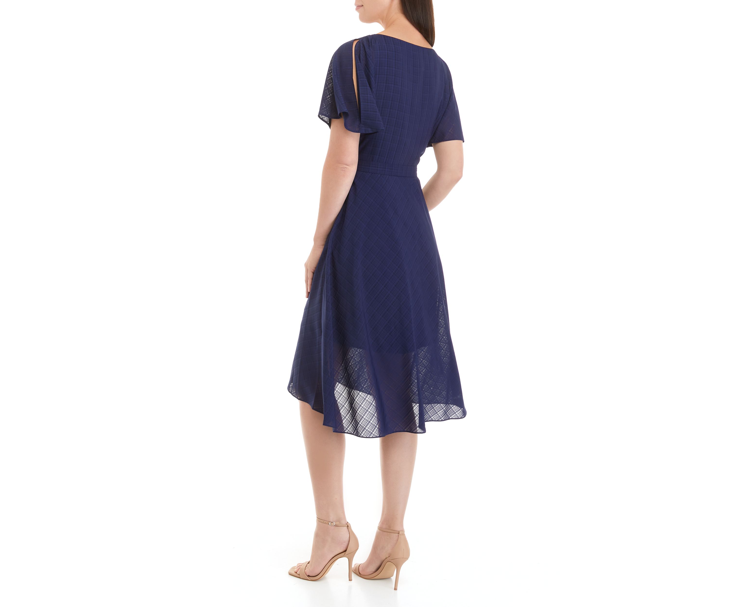 Womens Flutter Sleeve Plaid Chiffon Fit and Flare Dress 