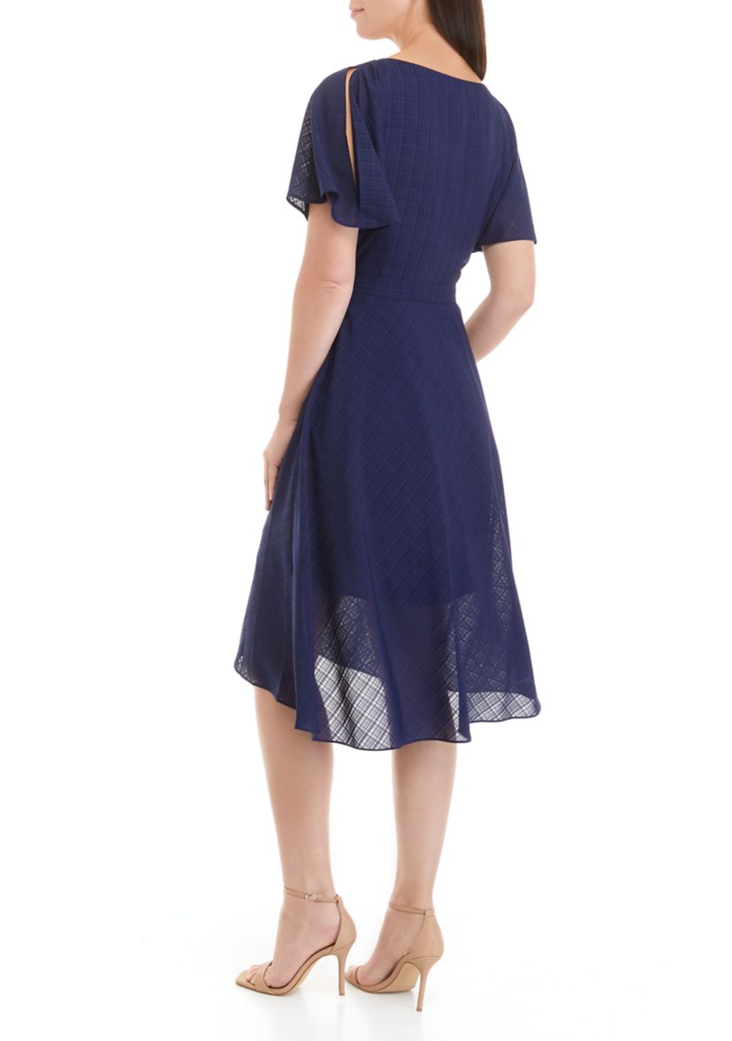 Womens Flutter Sleeve Plaid Chiffon Fit and Flare Dress 