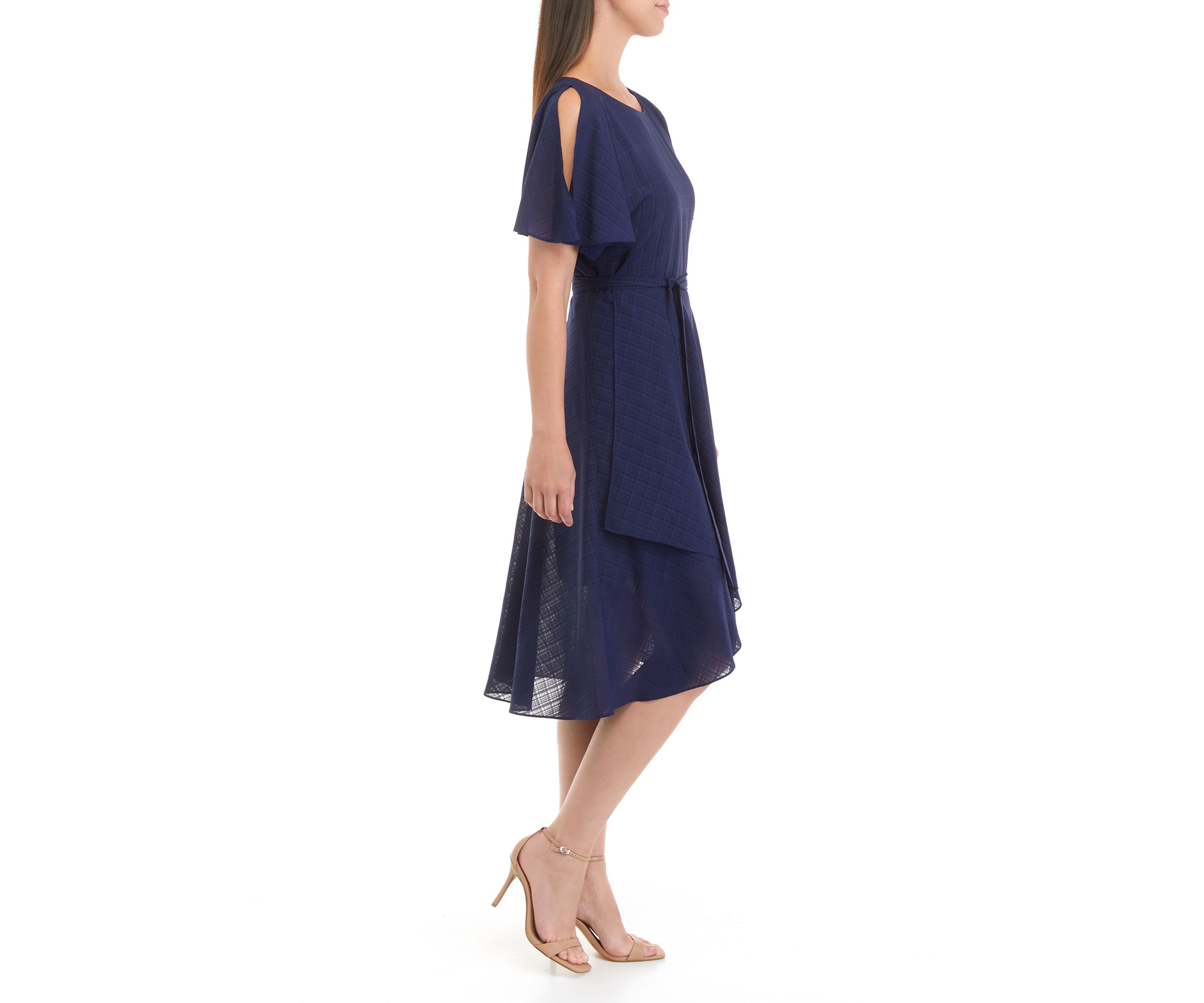 Womens Flutter Sleeve Plaid Chiffon Fit and Flare Dress 