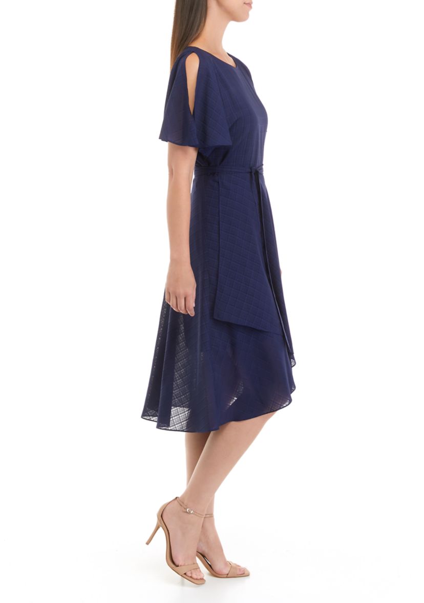 Womens Flutter Sleeve Plaid Chiffon Fit and Flare Dress 