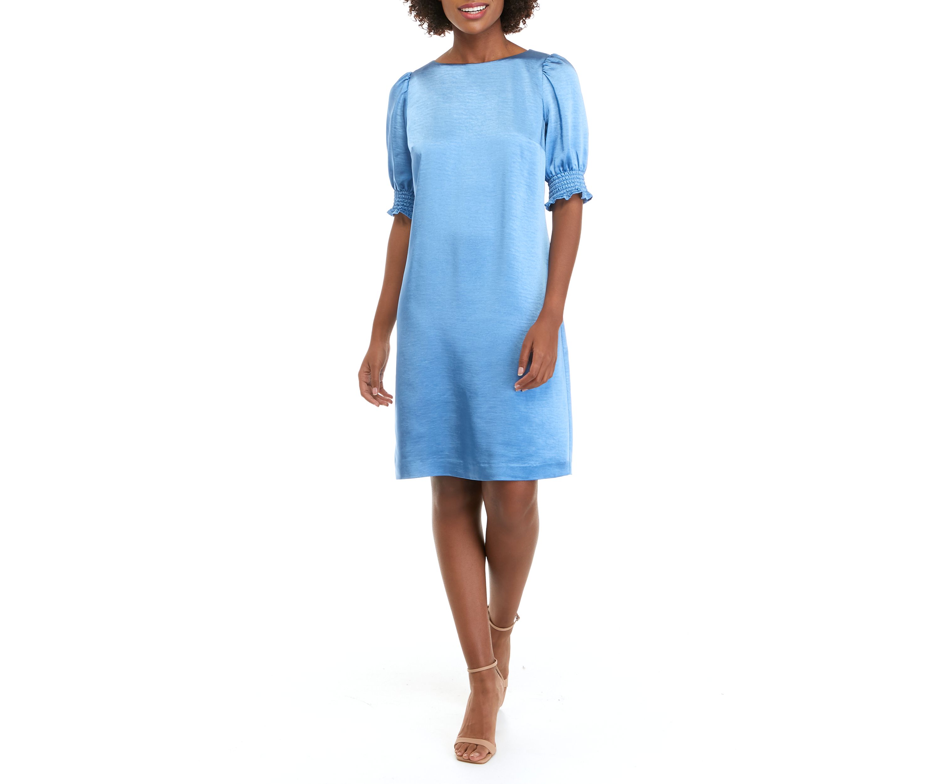 Womens Smocked Short Sleeve Satin Shift Dress 