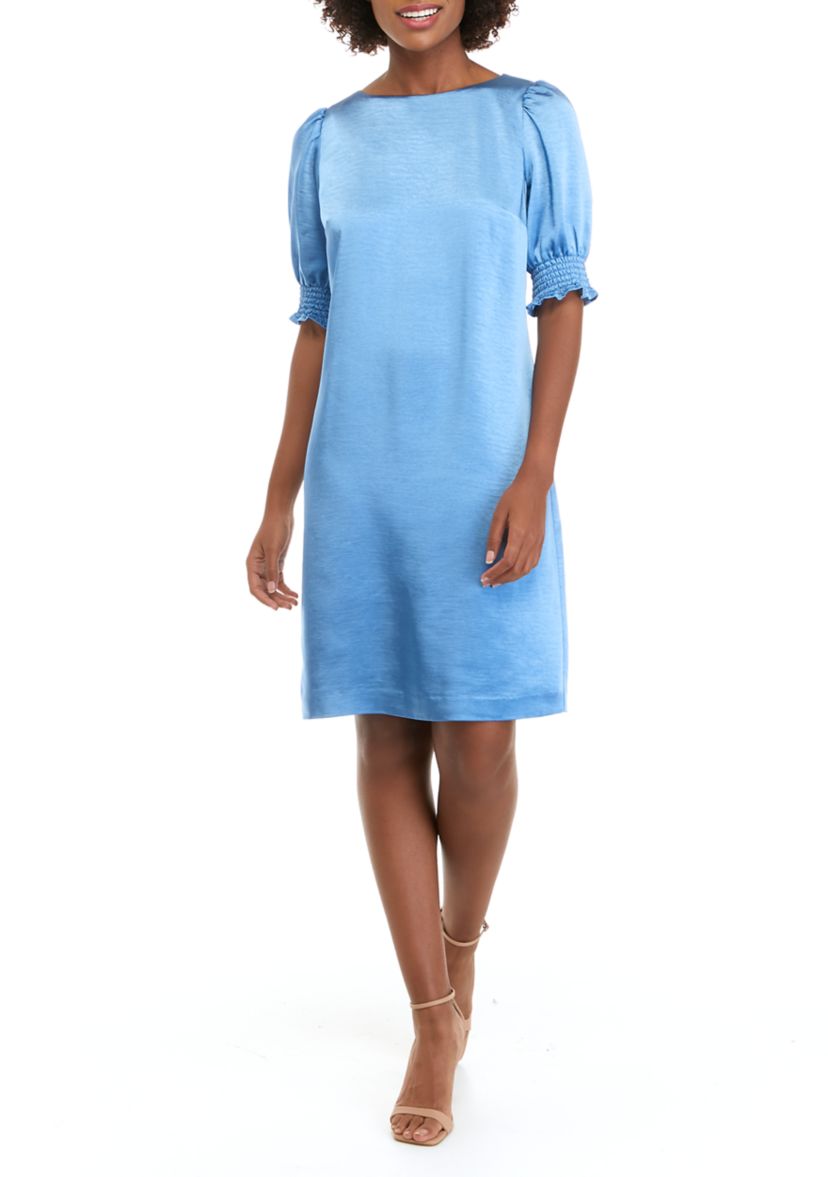 Womens Smocked Short Sleeve Satin Shift Dress 