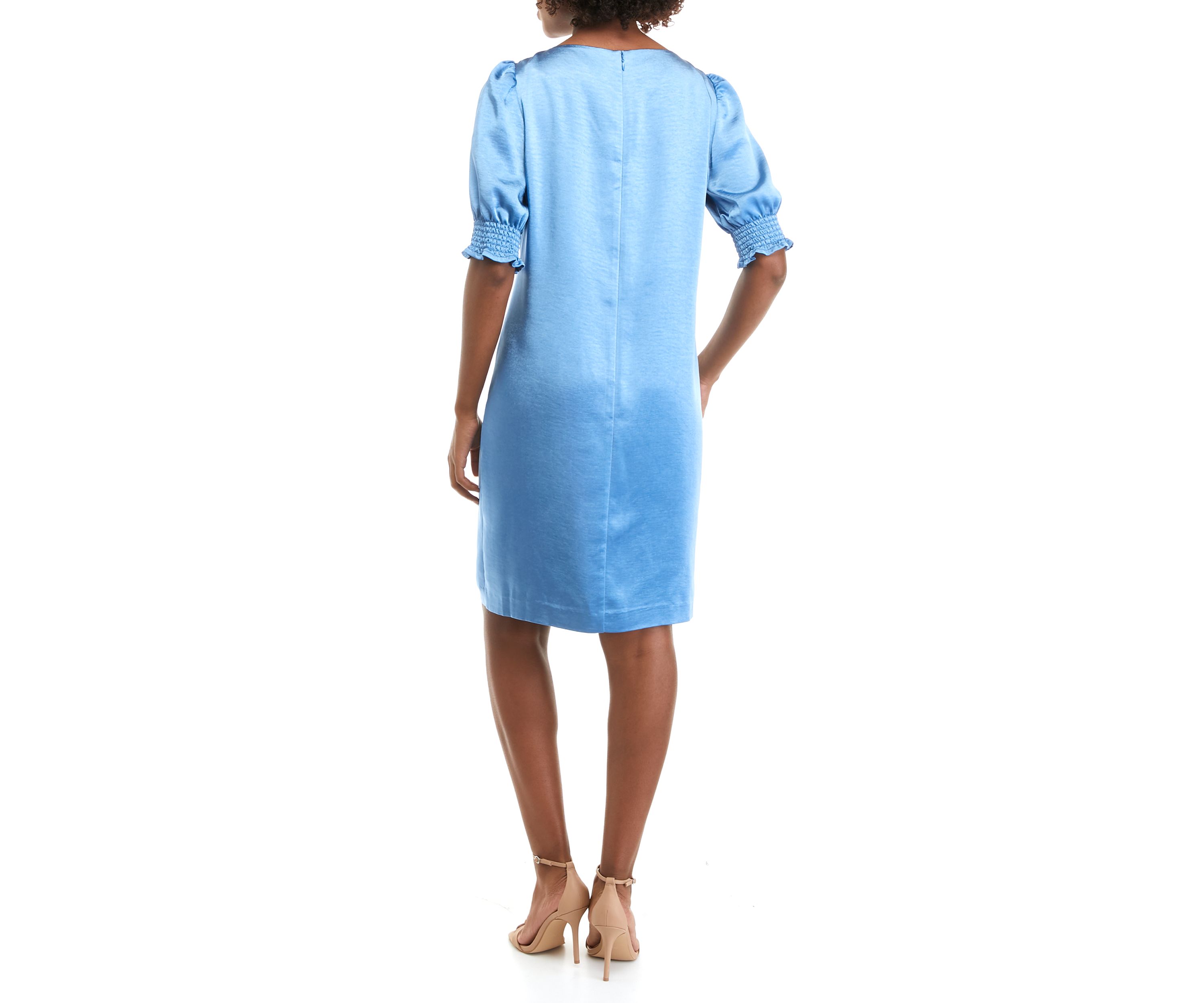 Womens Smocked Short Sleeve Satin Shift Dress 