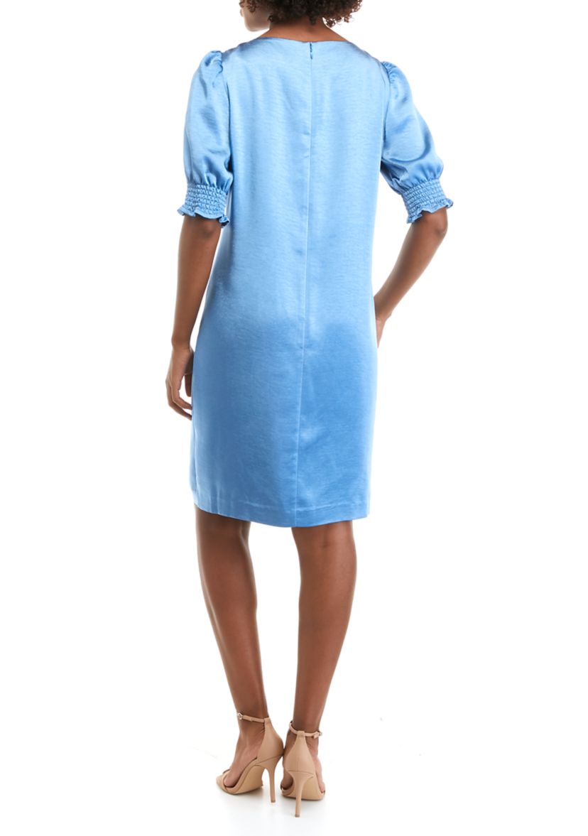 Womens Smocked Short Sleeve Satin Shift Dress 