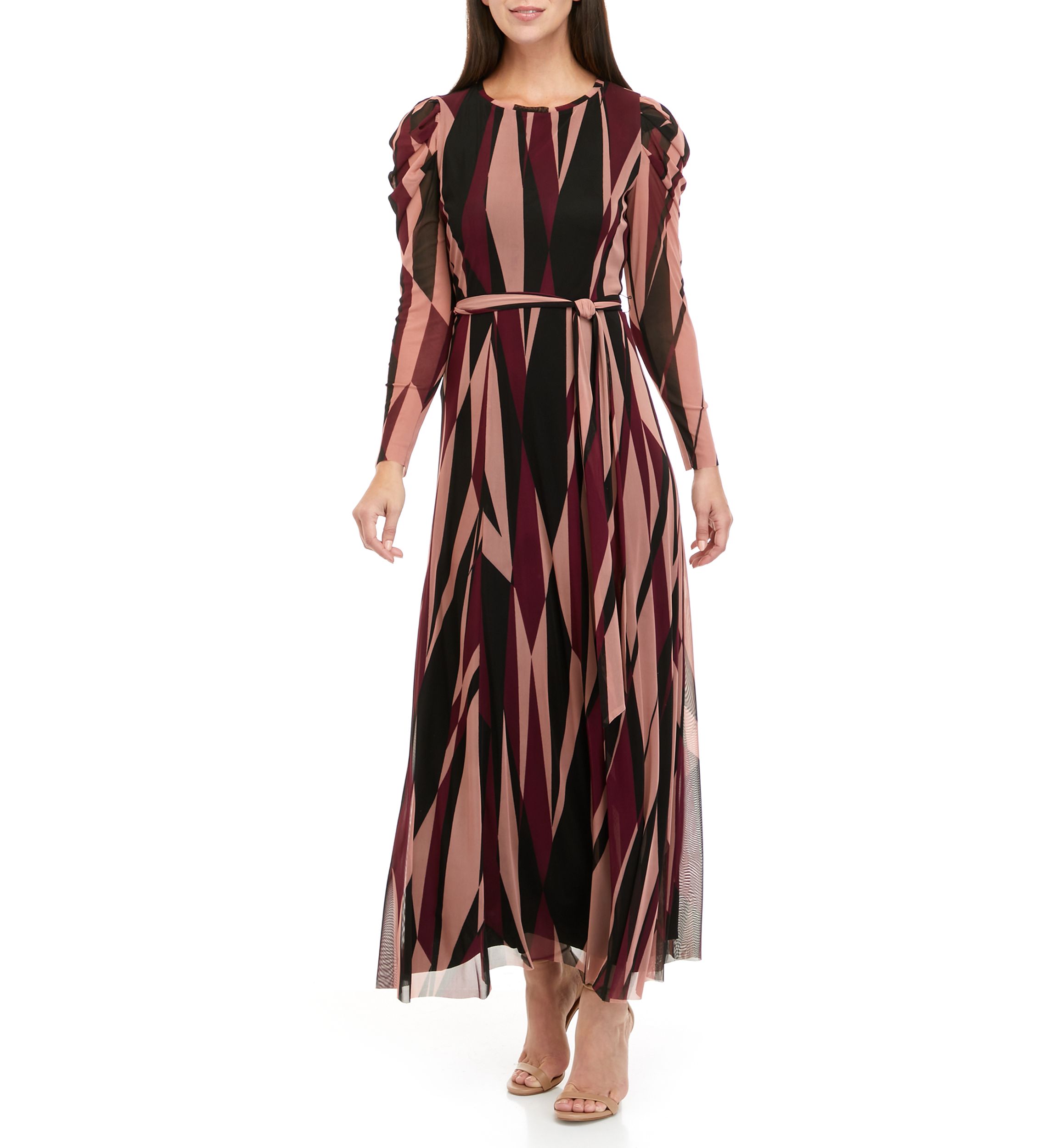 Womens Long Sleeve Geometric Print Mesh Midi Dress