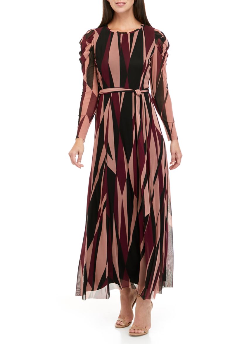 Womens Long Sleeve Geometric Print Mesh Midi Dress