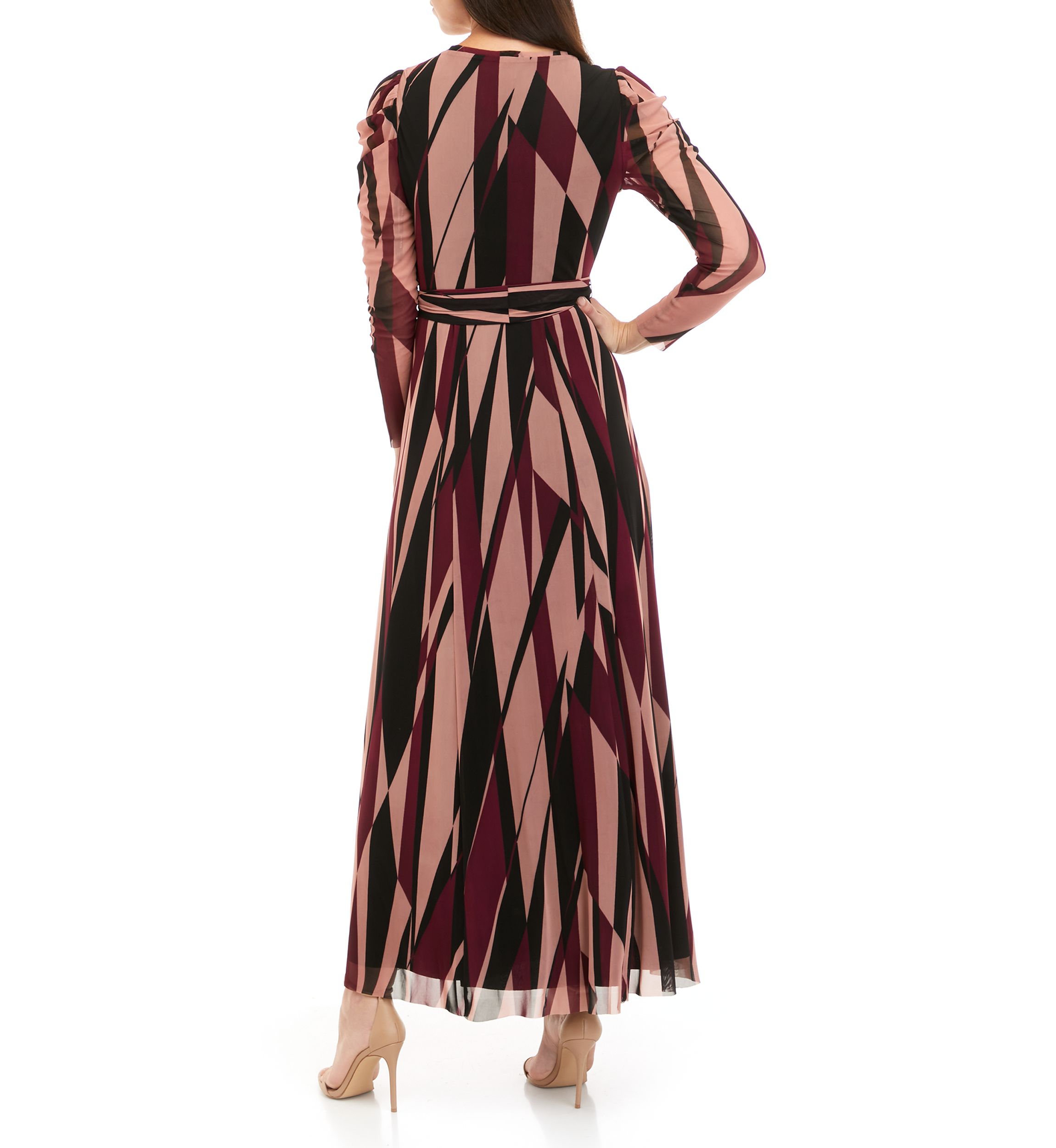 Womens Long Sleeve Geometric Print Mesh Midi Dress