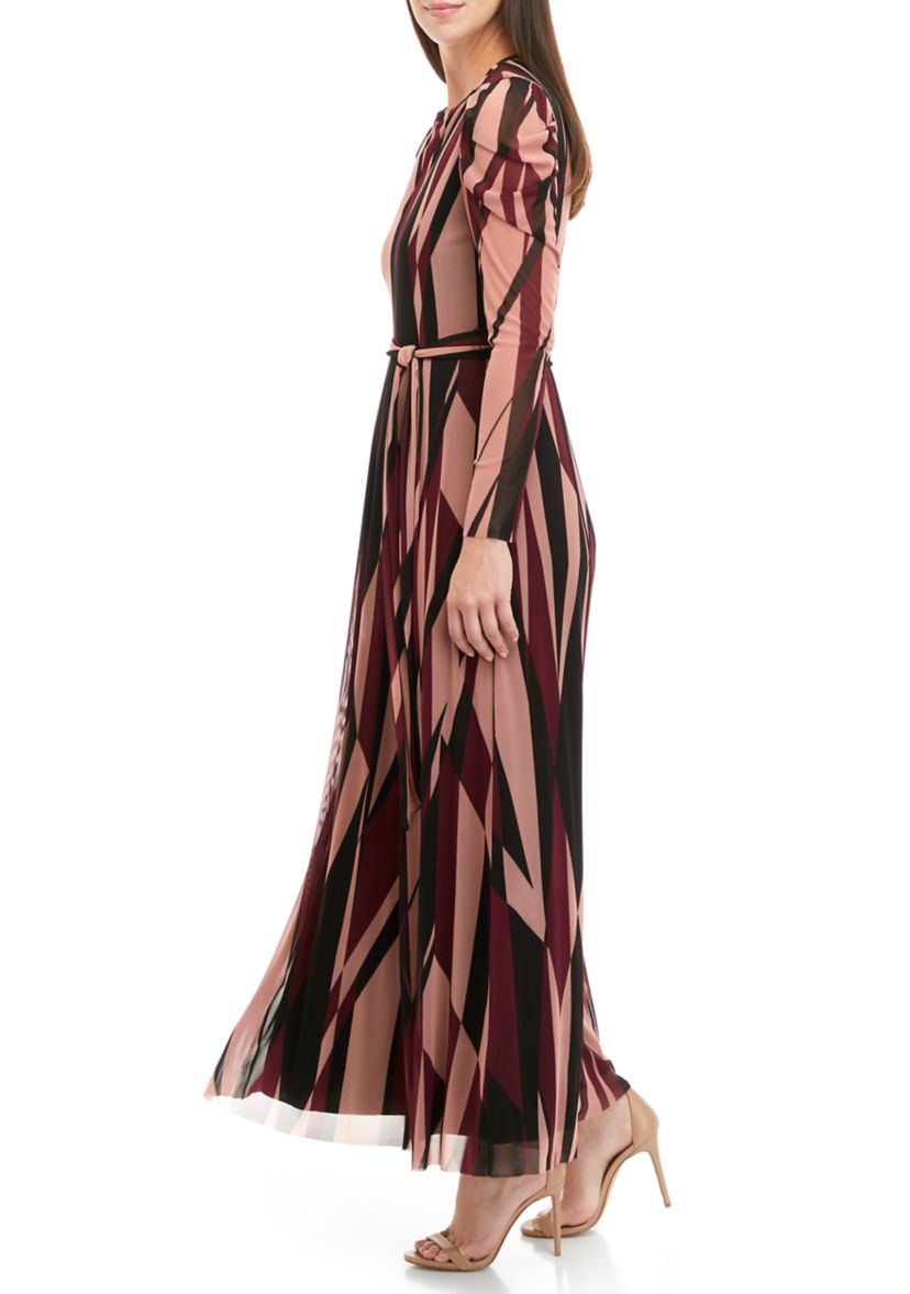 Womens Long Sleeve Geometric Print Mesh Midi Dress