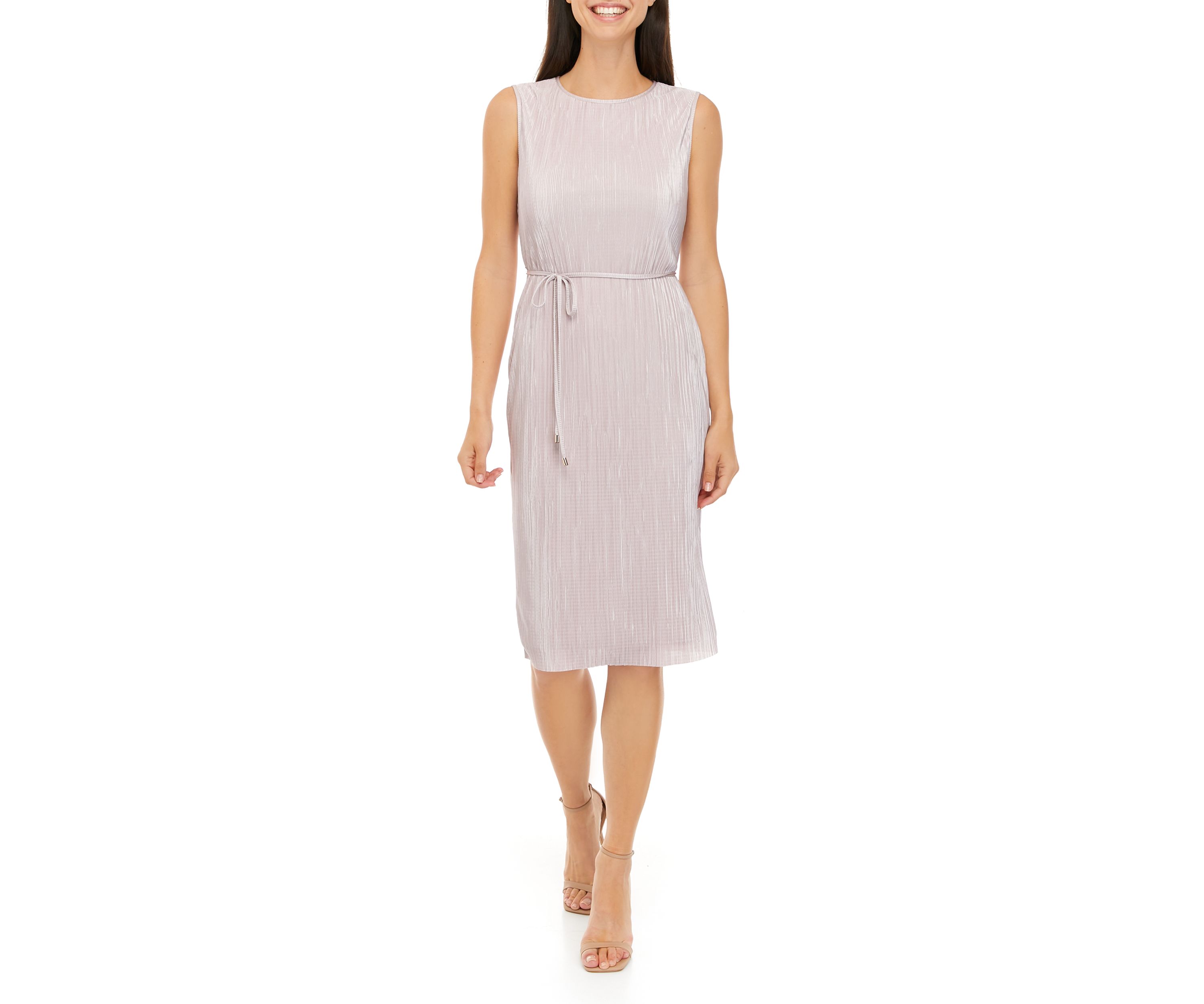 Womens Sleeveless Solid Tie Waist Blush Pleated Dress