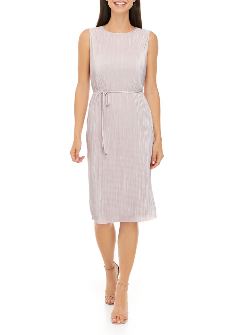 Womens Sleeveless Solid Tie Waist Blush Pleated Dress