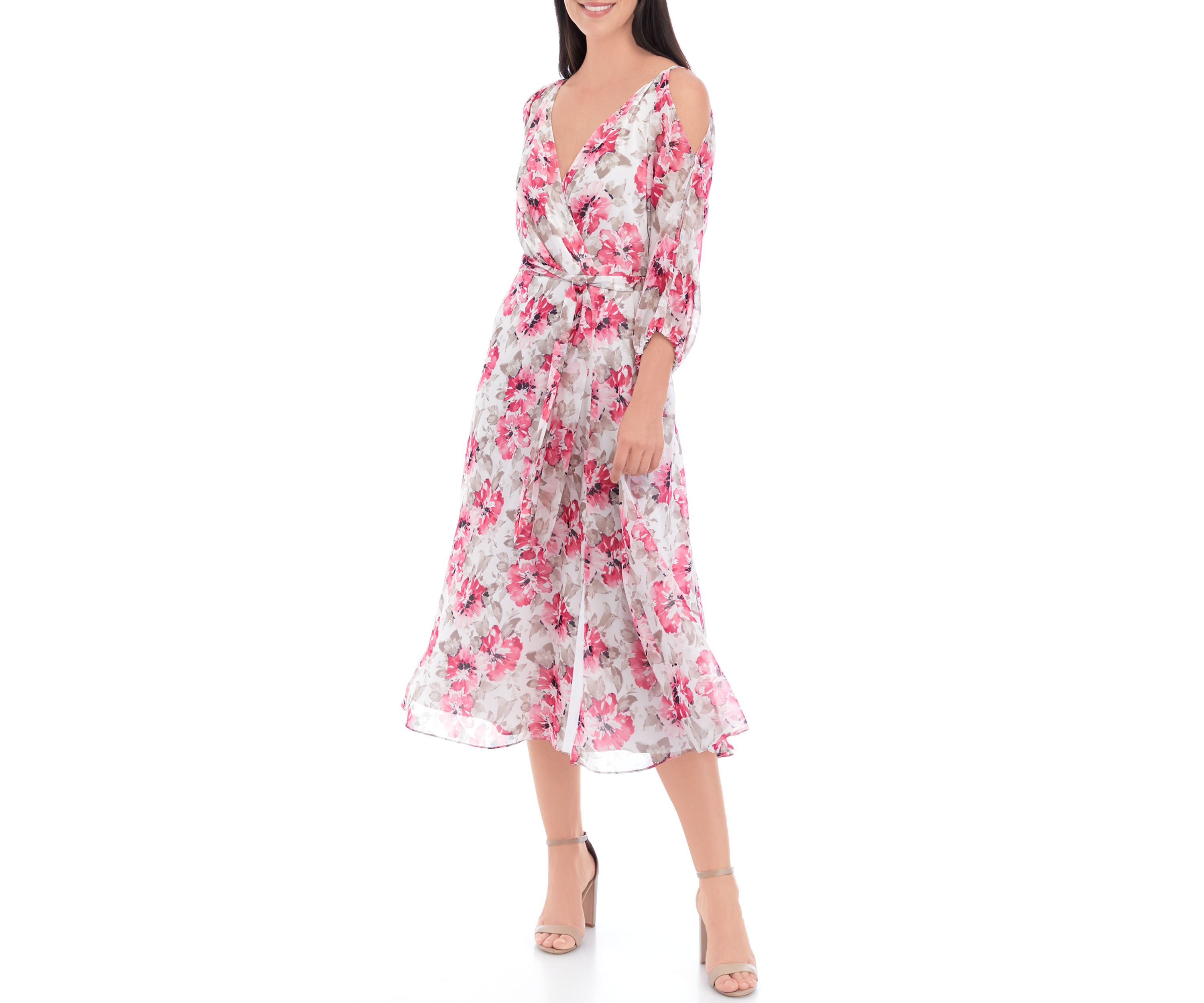 Womens 3/4 Sleeve Floral Print Cold Shoulder Midi Dress