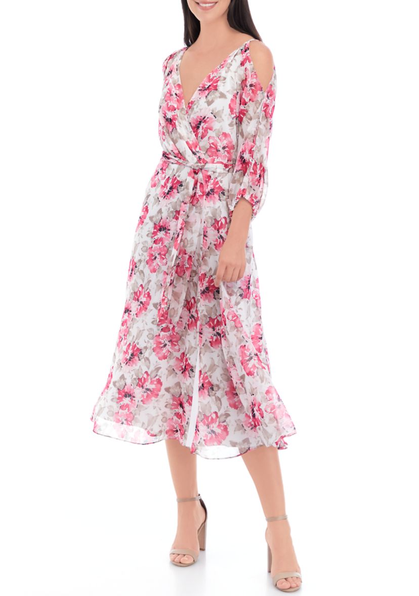 Womens 3/4 Sleeve Floral Print Cold Shoulder Midi Dress