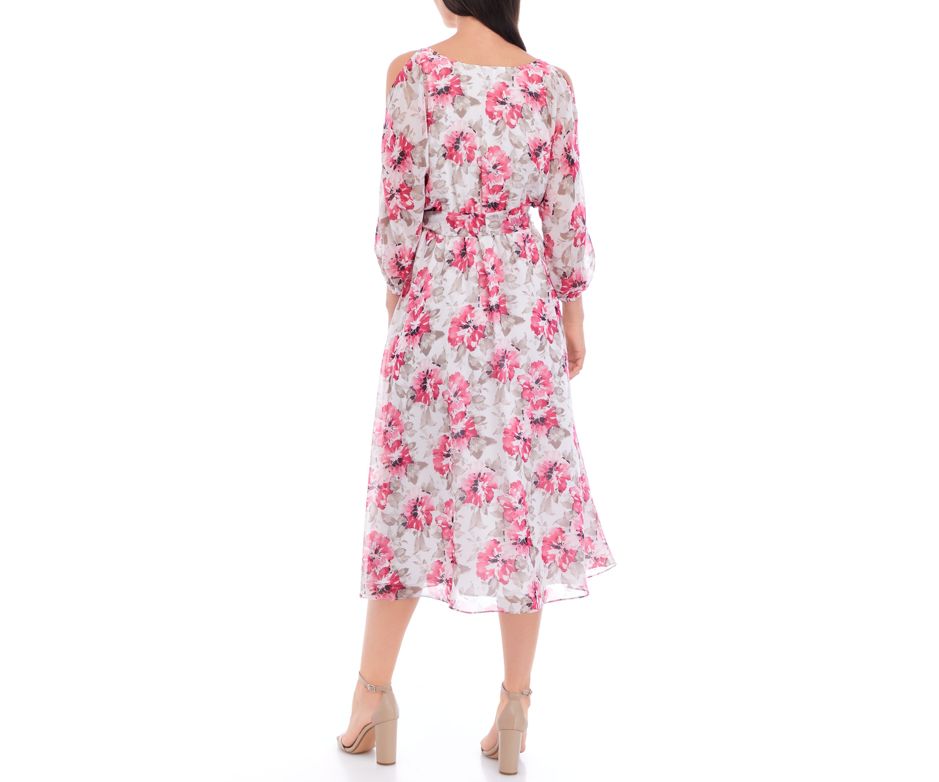 Womens 3/4 Sleeve Floral Print Cold Shoulder Midi Dress