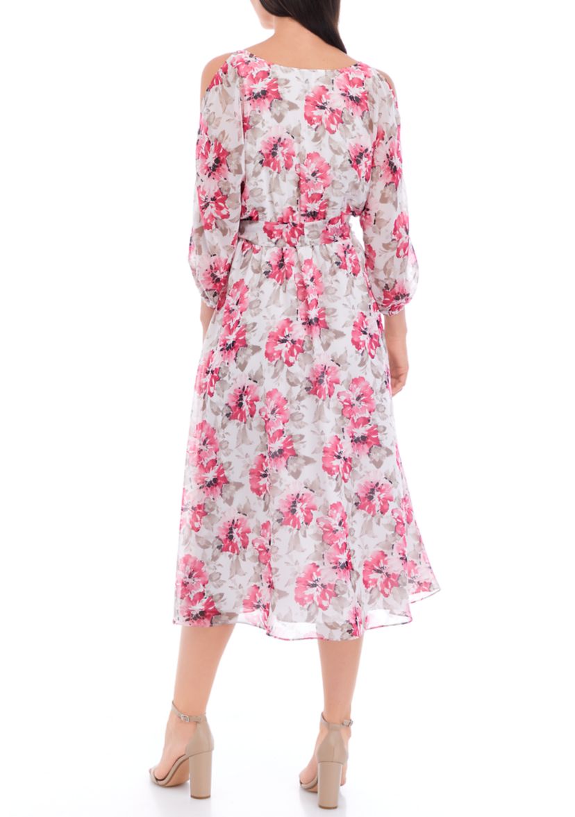 Womens 3/4 Sleeve Floral Print Cold Shoulder Midi Dress