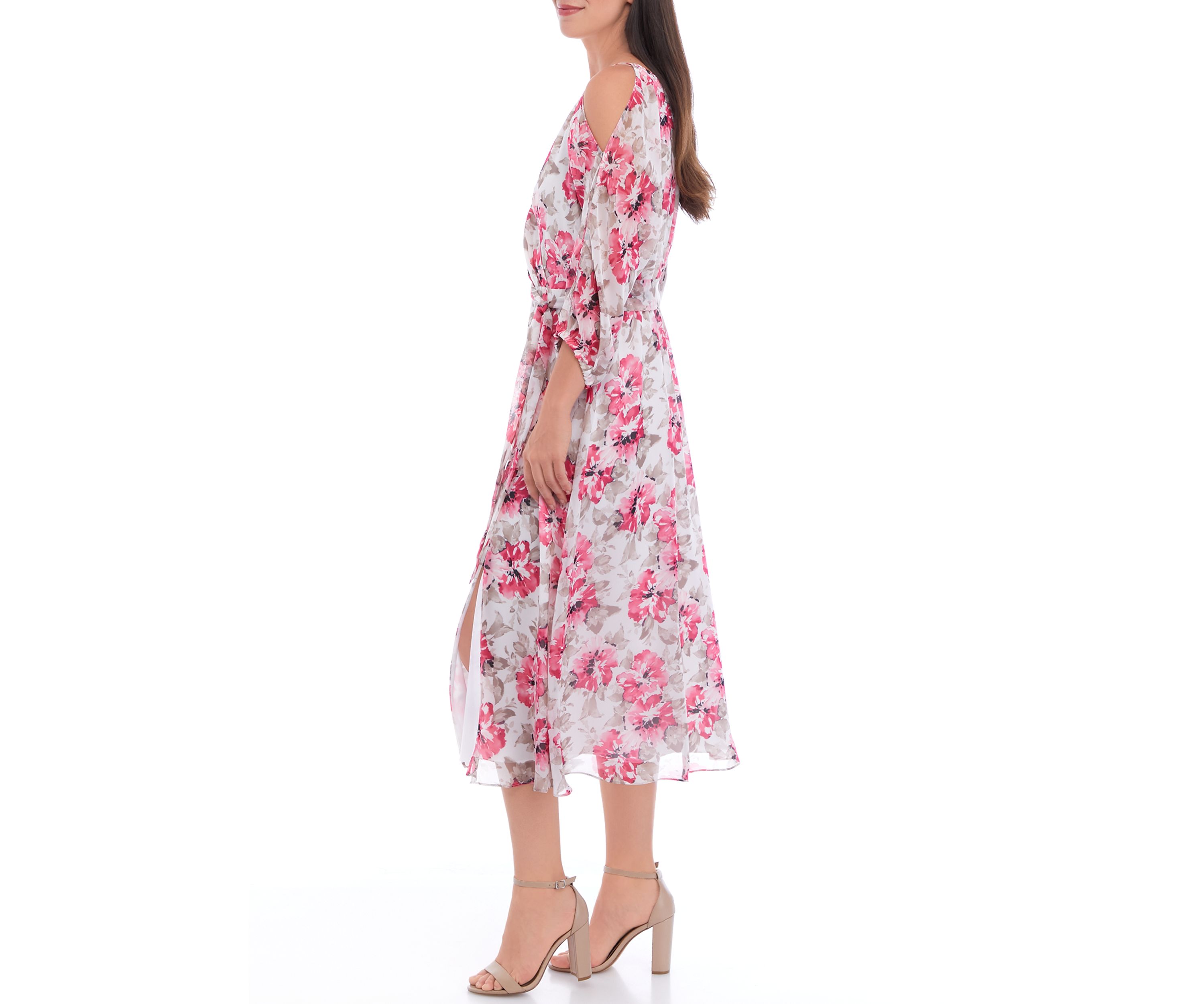 Womens 3/4 Sleeve Floral Print Cold Shoulder Midi Dress