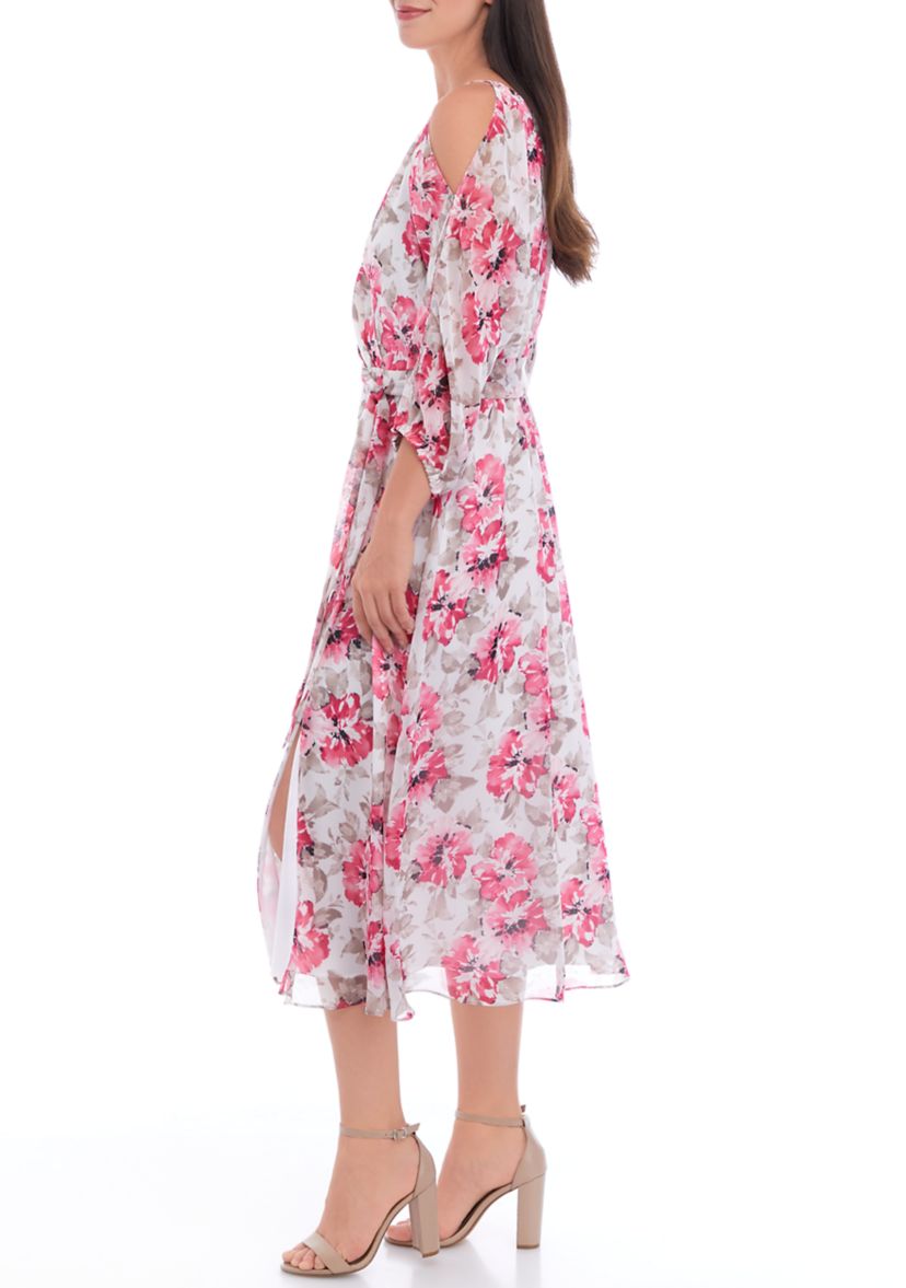 Womens 3/4 Sleeve Floral Print Cold Shoulder Midi Dress