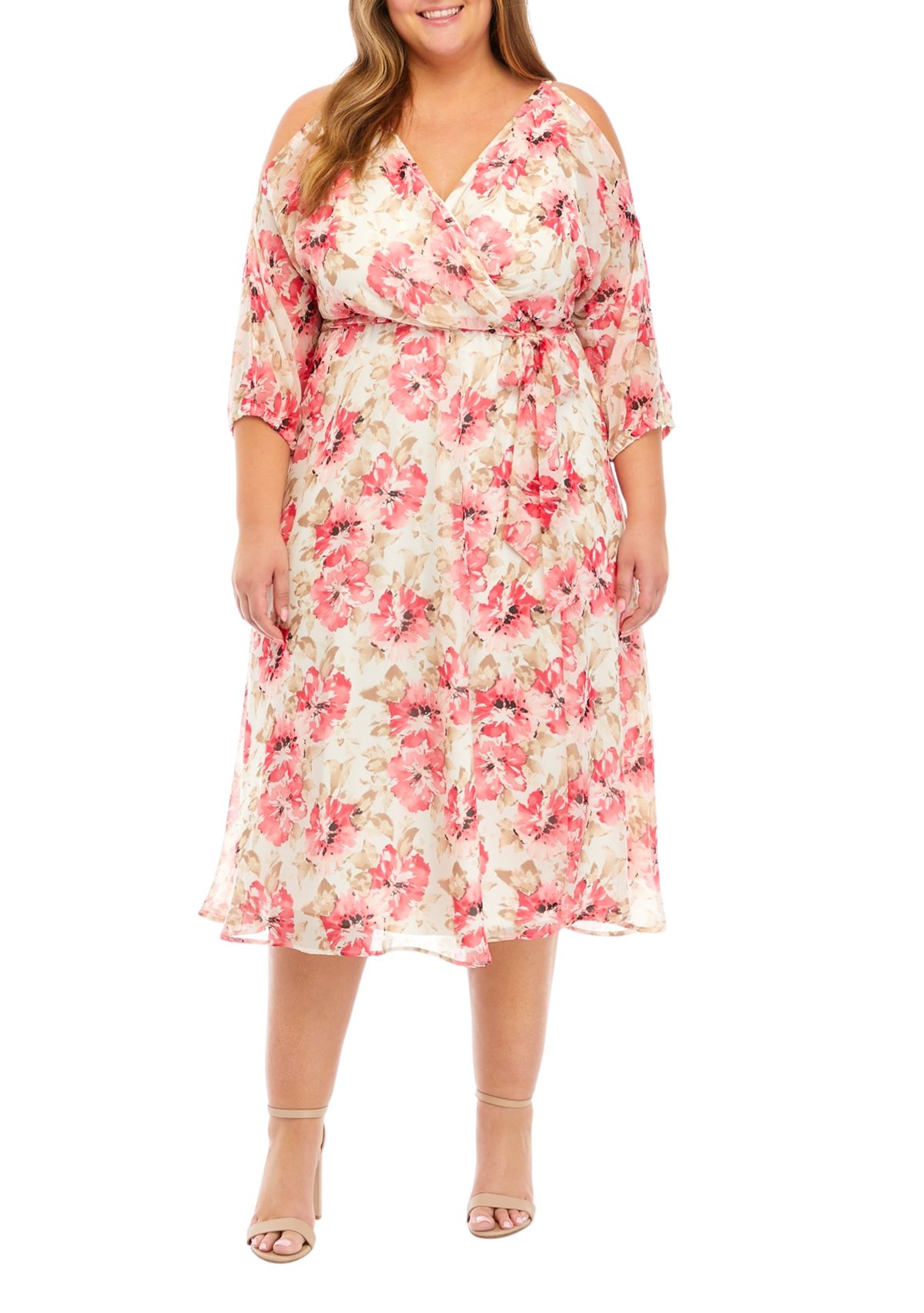 Plus Size Long Sleeve Cold Shoulder Printed Midi Dress