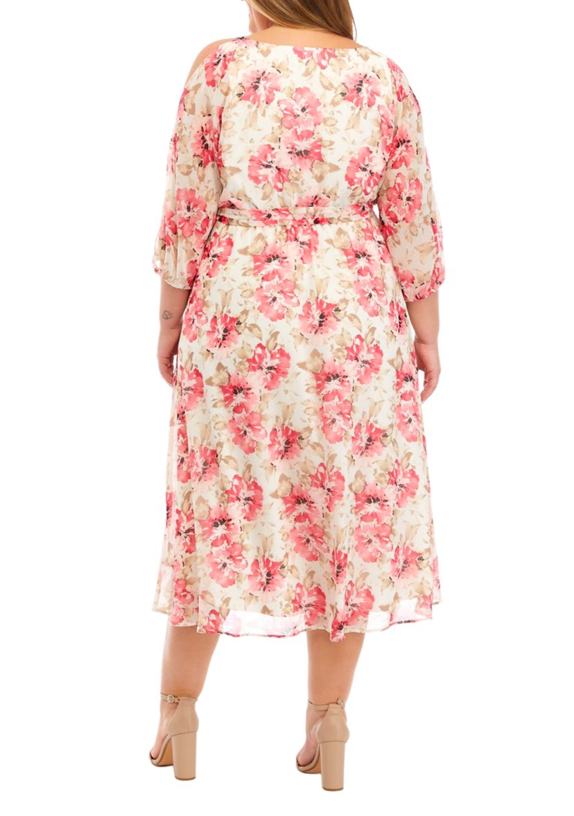 Plus Size Long Sleeve Cold Shoulder Printed Midi Dress