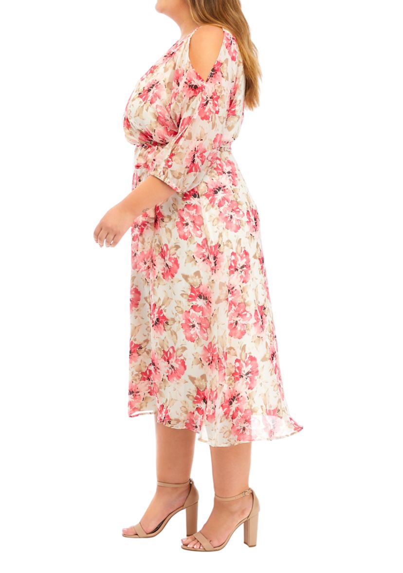 Plus Size Long Sleeve Cold Shoulder Printed Midi Dress