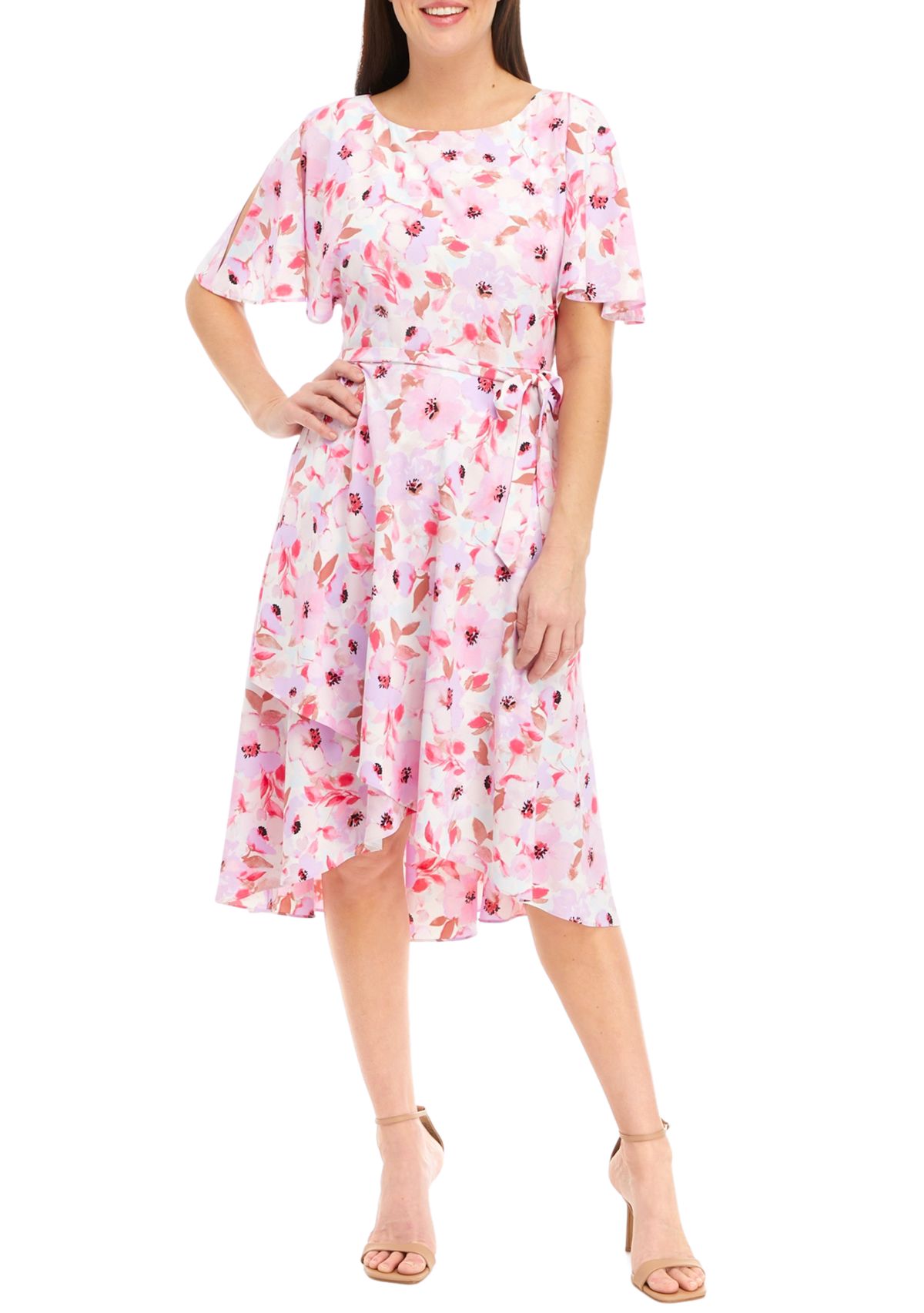 Womens Short Flutter Sleeve Sash Dress