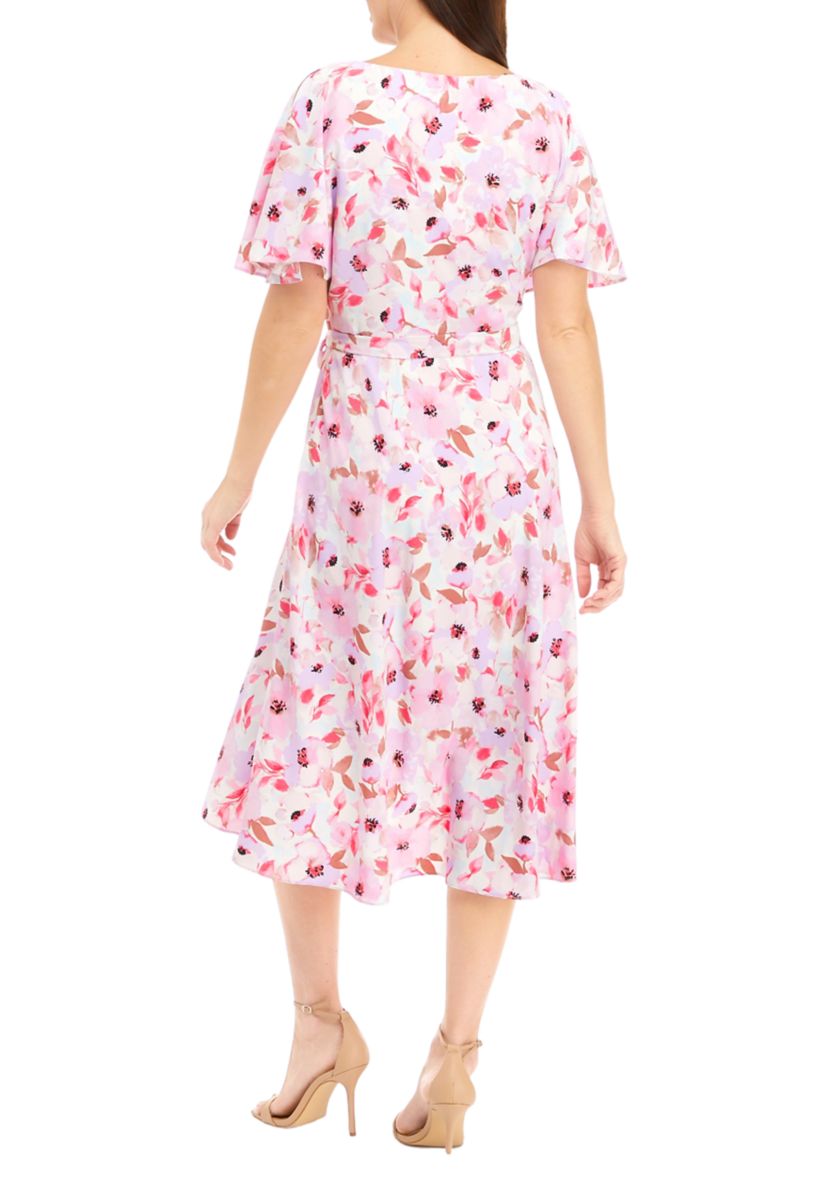 Womens Short Flutter Sleeve Sash Dress