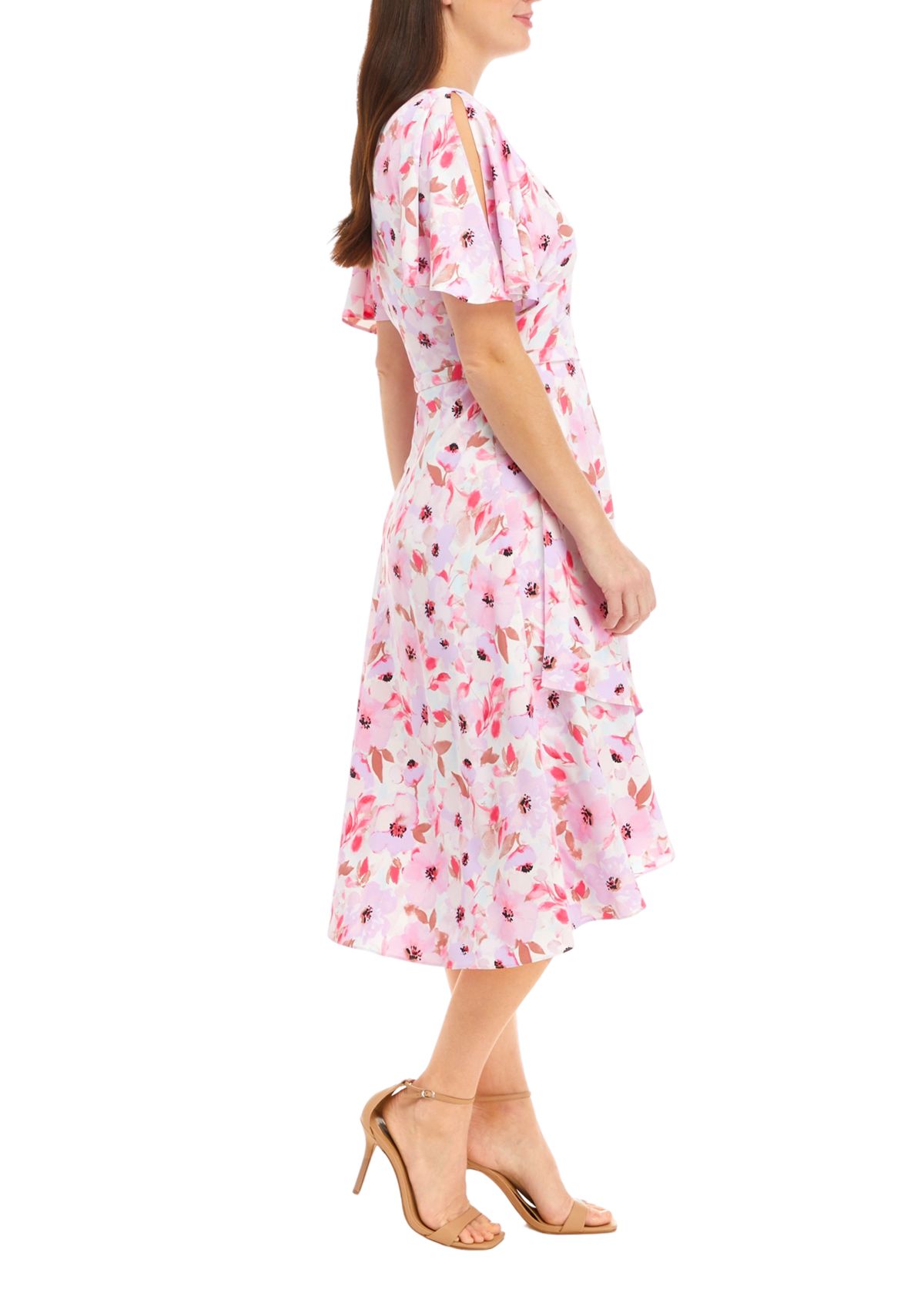 Womens Short Flutter Sleeve Sash Dress