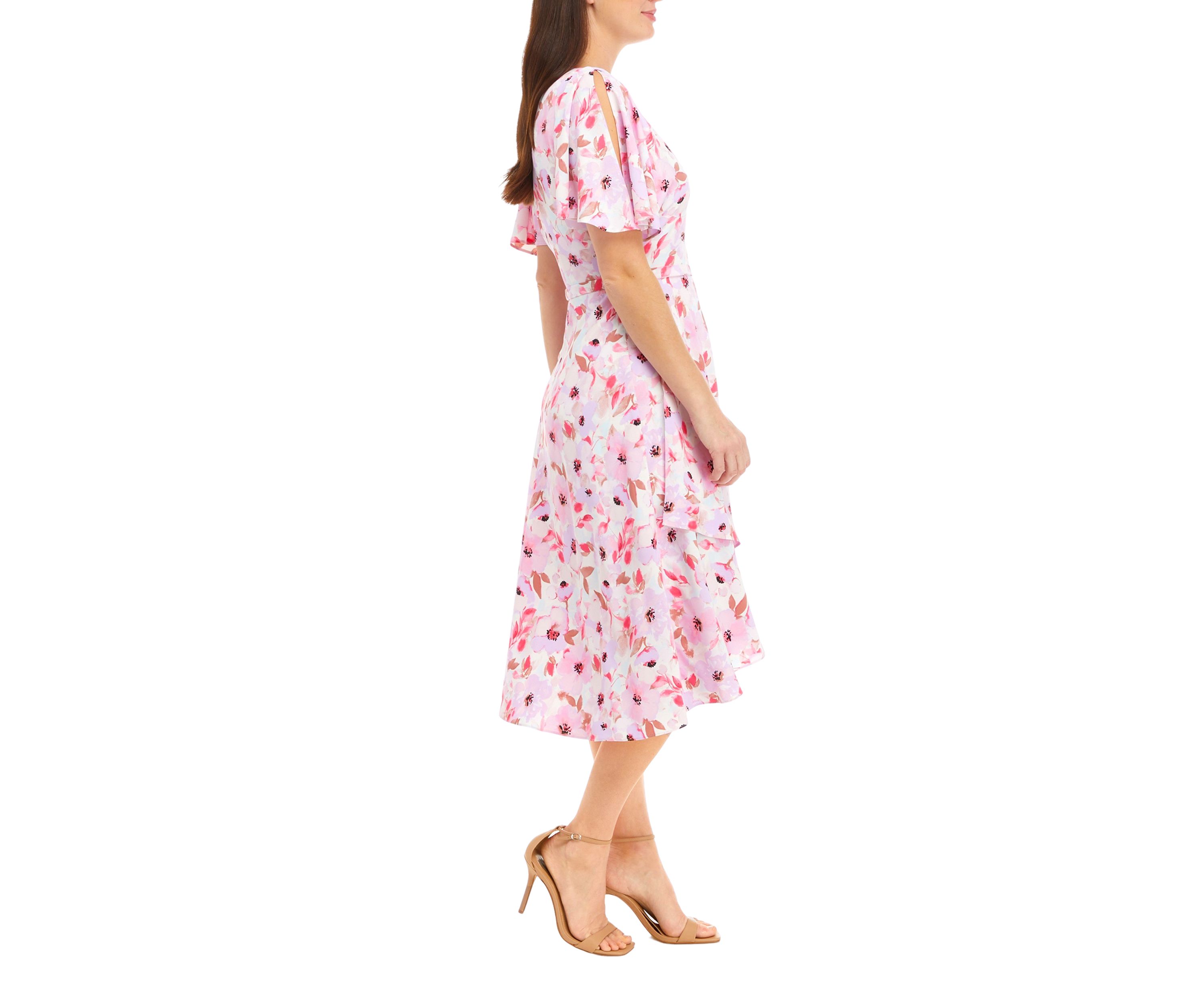 Womens Short Flutter Sleeve Sash Dress