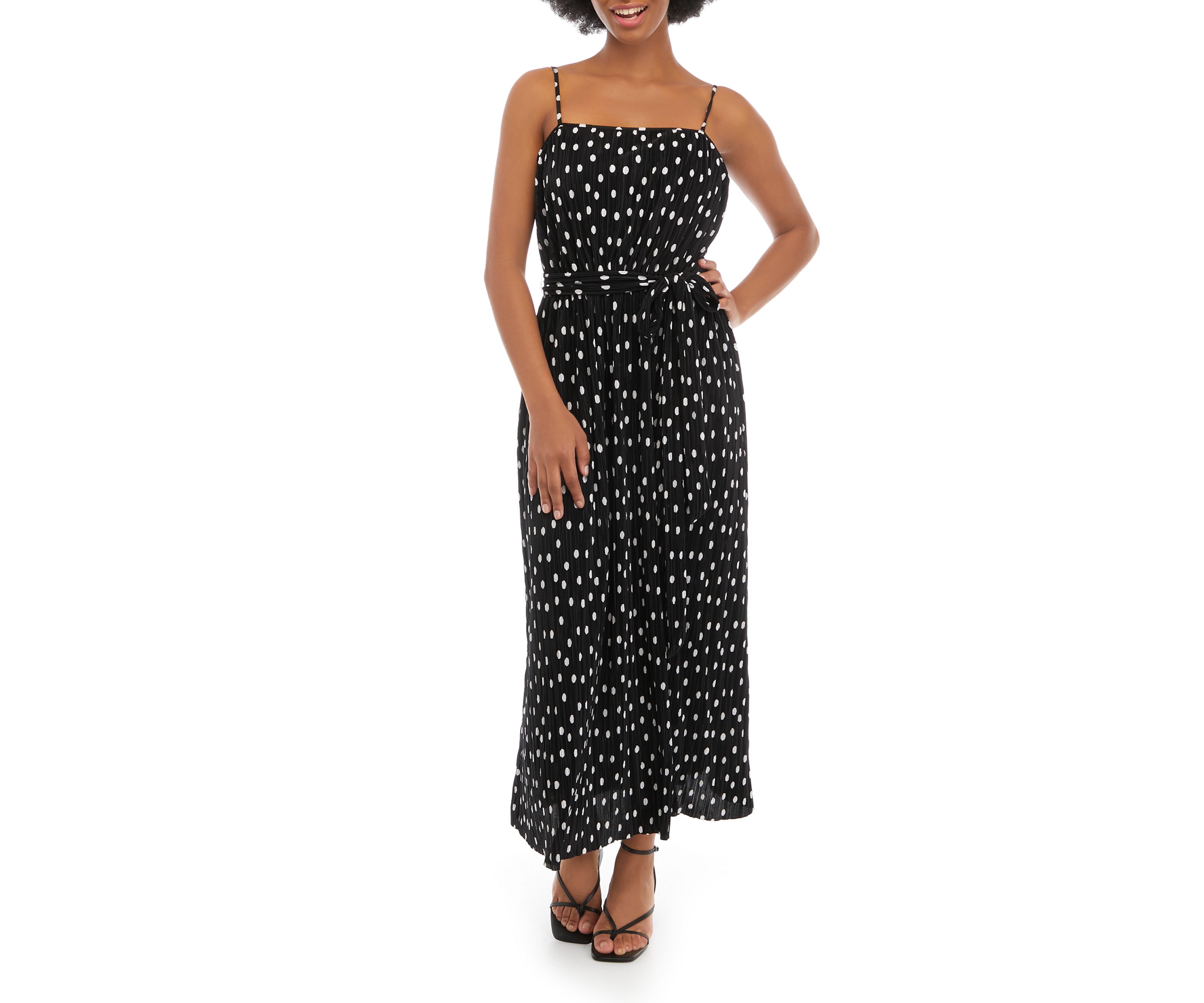 Womens Sleeveless Spaghetti Strap Pleated Dot Midi Dress