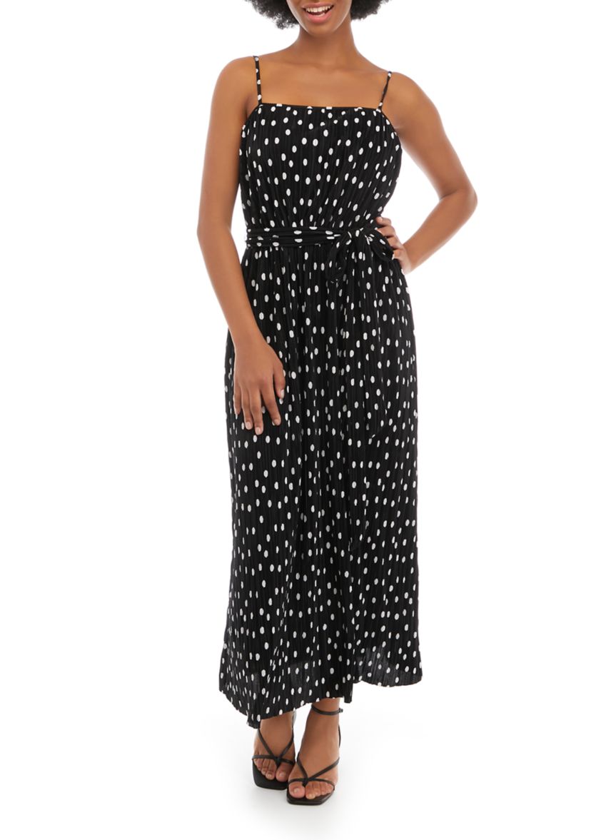 Womens Sleeveless Spaghetti Strap Pleated Dot Midi Dress