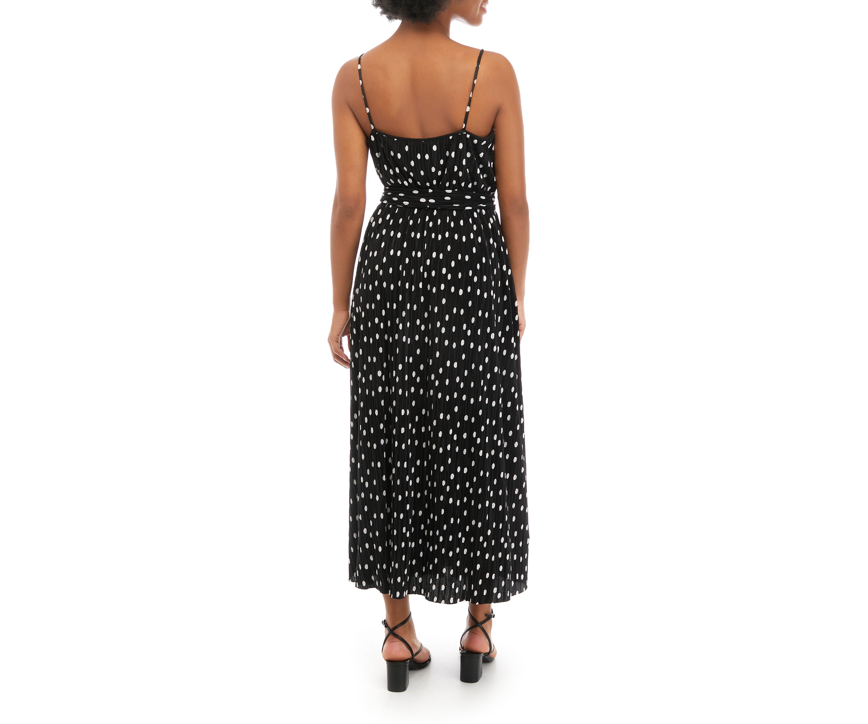 Womens Sleeveless Spaghetti Strap Pleated Dot Midi Dress