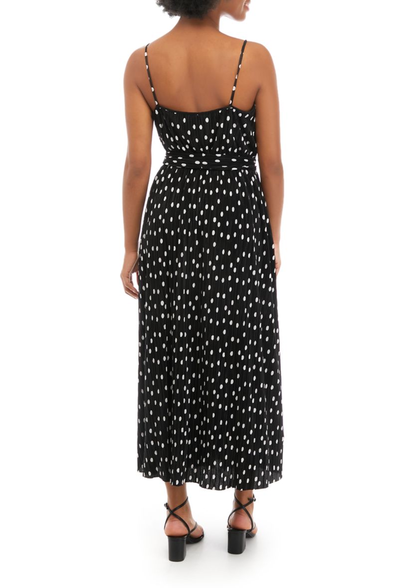 Womens Sleeveless Spaghetti Strap Pleated Dot Midi Dress
