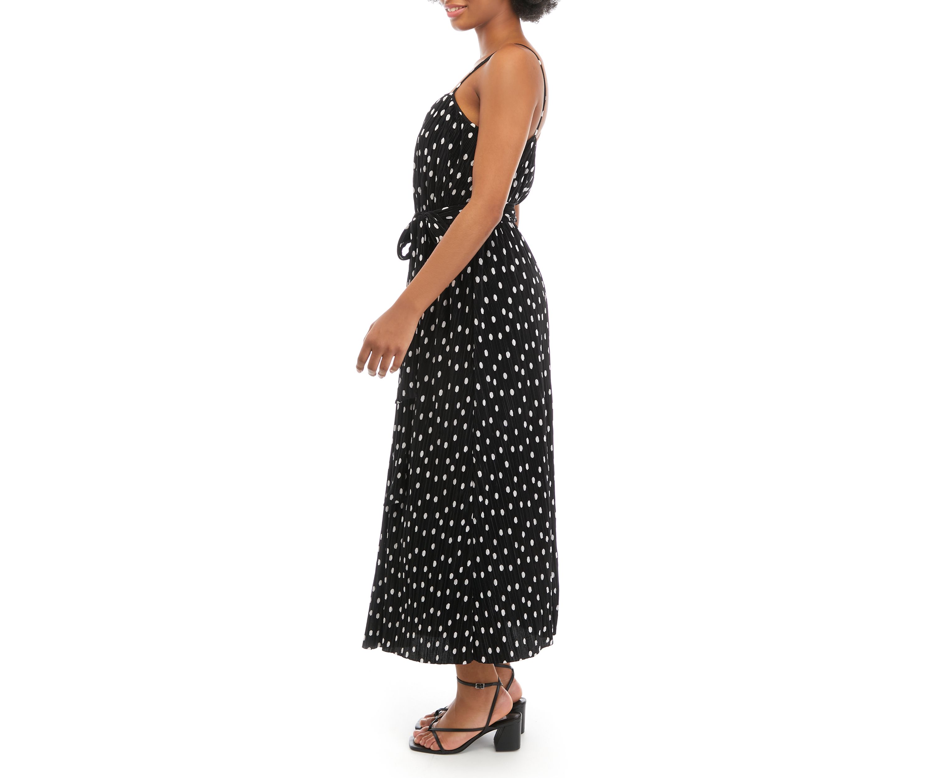 Womens Sleeveless Spaghetti Strap Pleated Dot Midi Dress