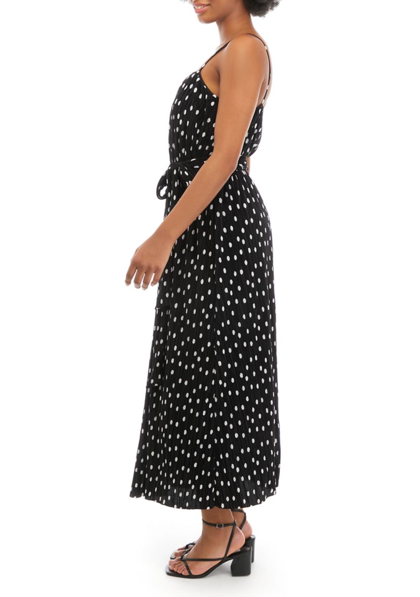 Womens Sleeveless Spaghetti Strap Pleated Dot Midi Dress