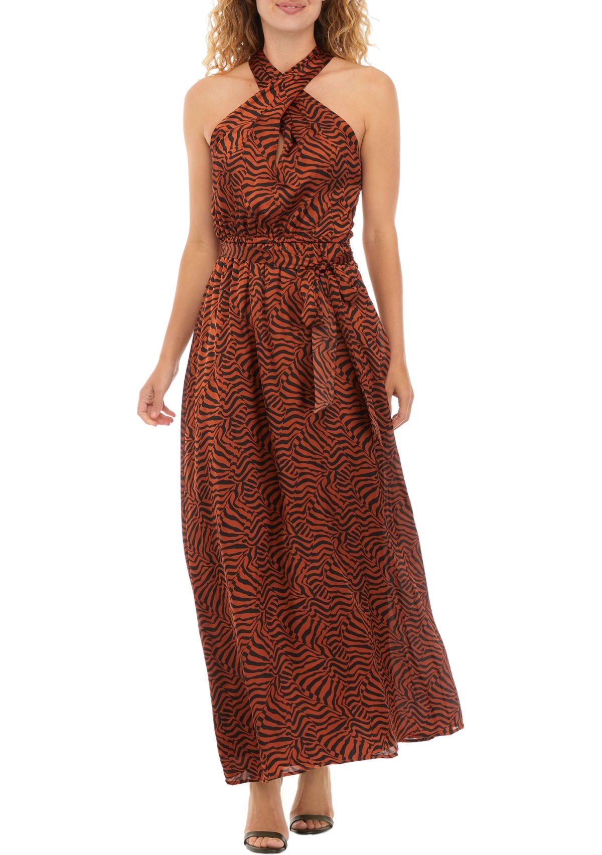Womens Sleeveless Twist Neck Printed Maxi Dress