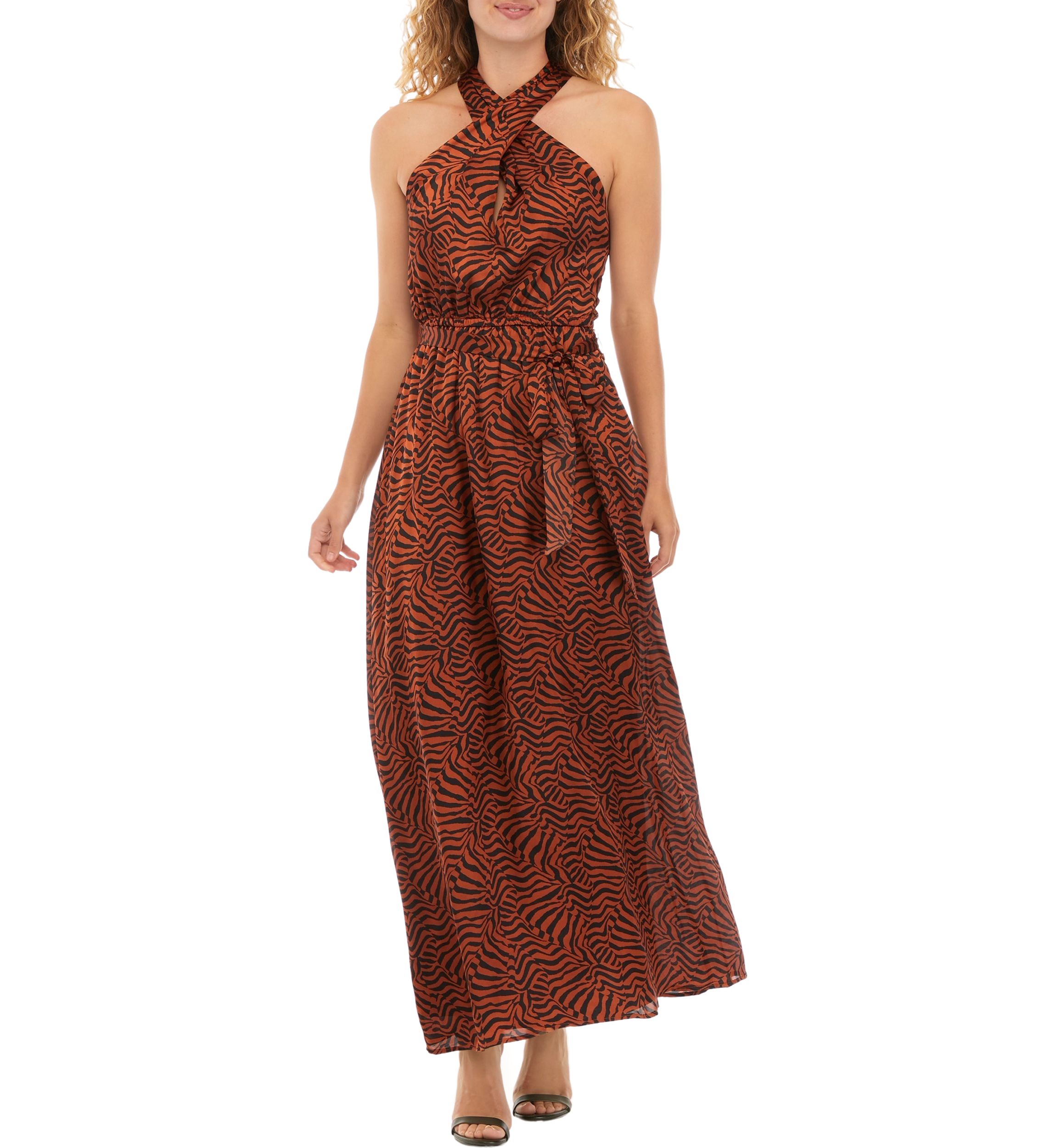Womens Sleeveless Twist Neck Printed Maxi Dress
