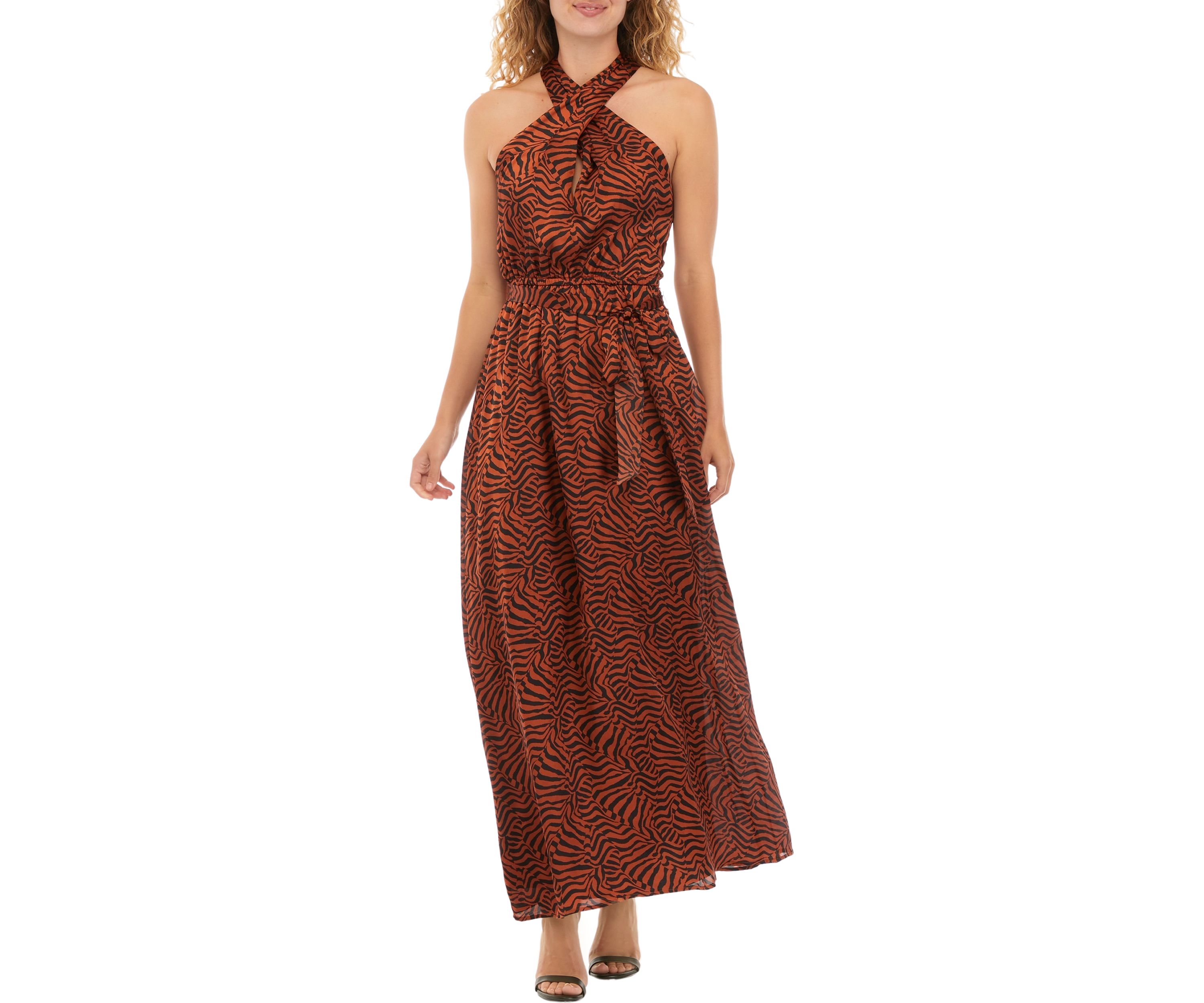 Womens Sleeveless Twist Neck Printed Maxi Dress
