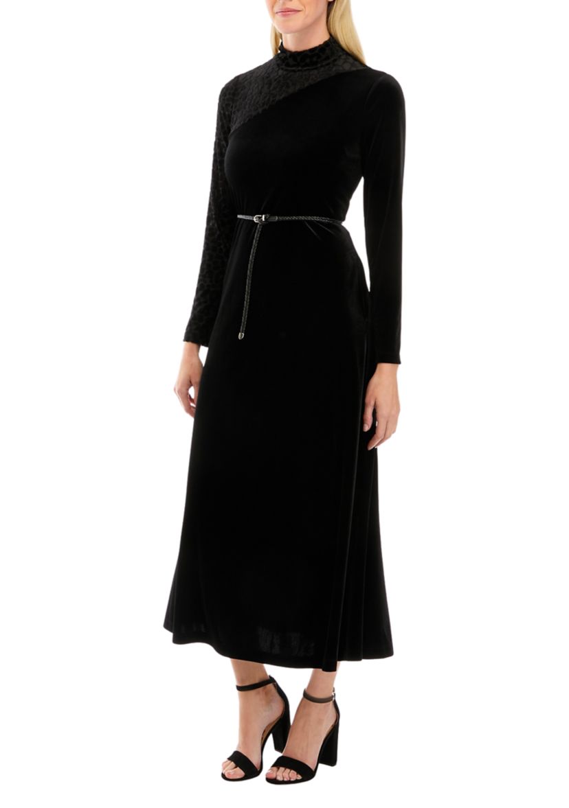 Womens Mock Neck Burnout Velvet Dress