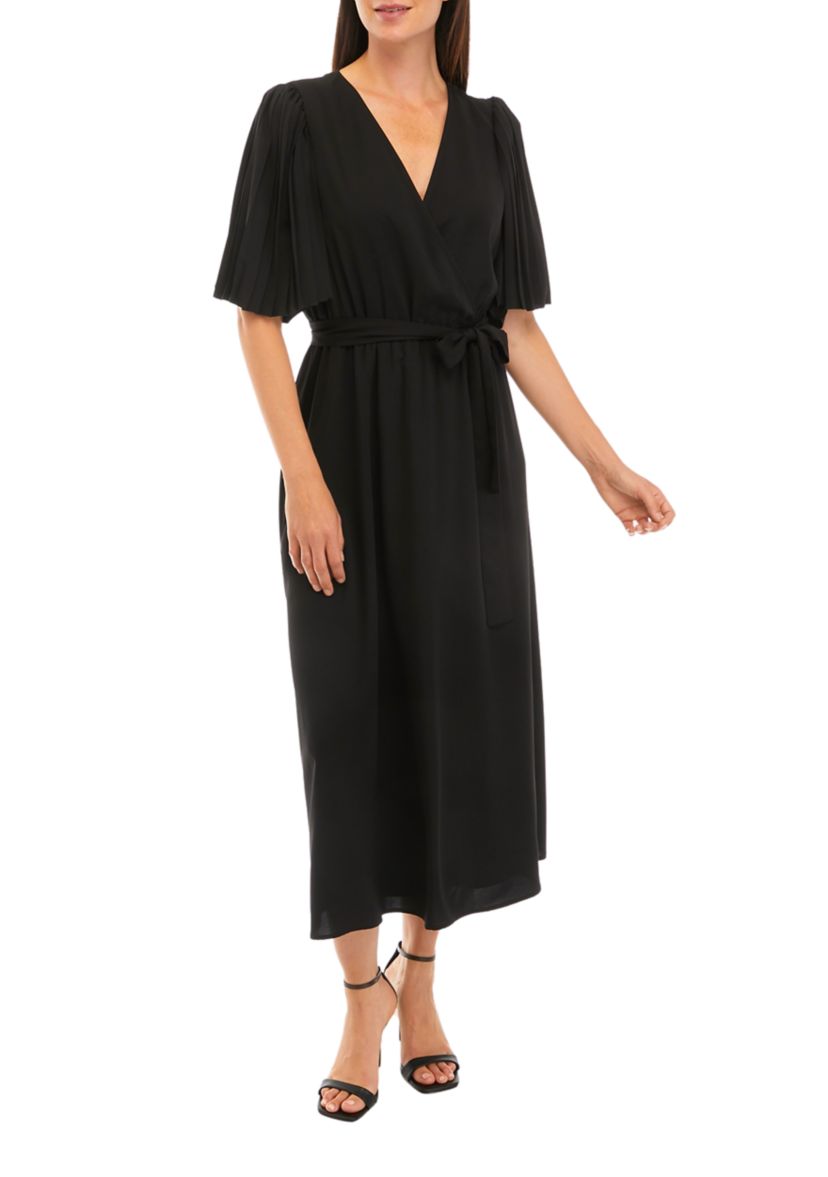Womens Short Sleeve Solid Surplice Dress with Tie Waist