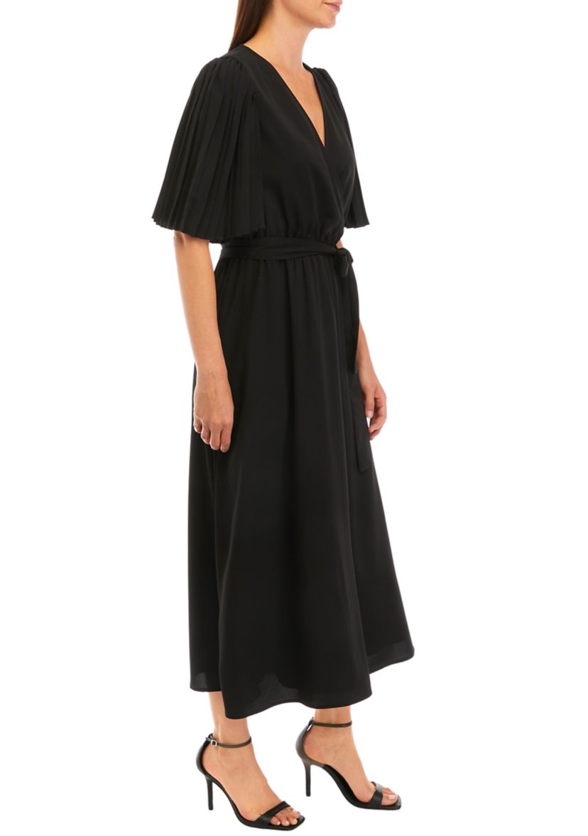 Womens Short Sleeve Solid Surplice Dress with Tie Waist