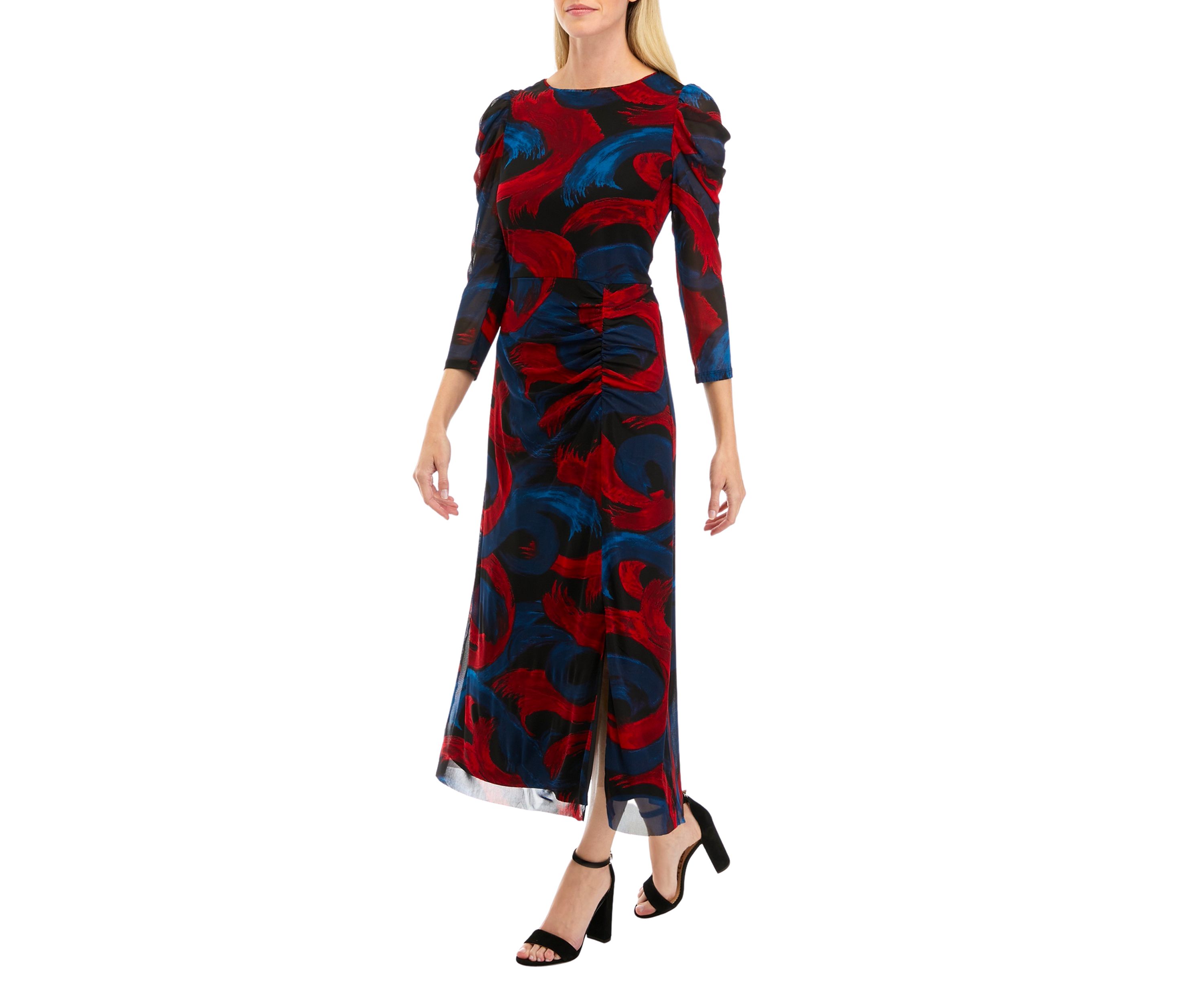 Womens Long Sleeve Printed Puff Shoulder Mesh Dress