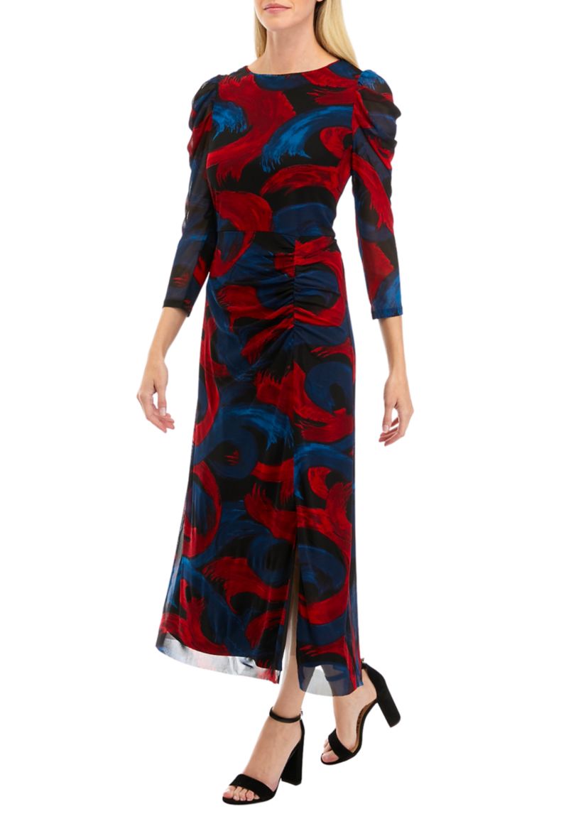 Womens Long Sleeve Printed Puff Shoulder Mesh Dress