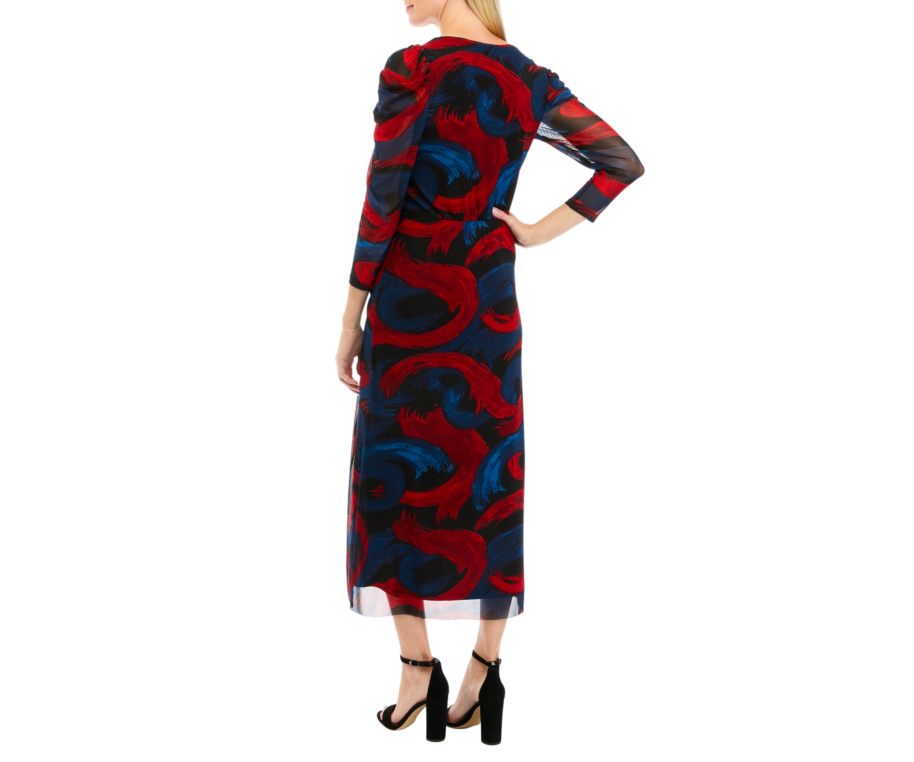 Womens Long Sleeve Printed Puff Shoulder Mesh Dress